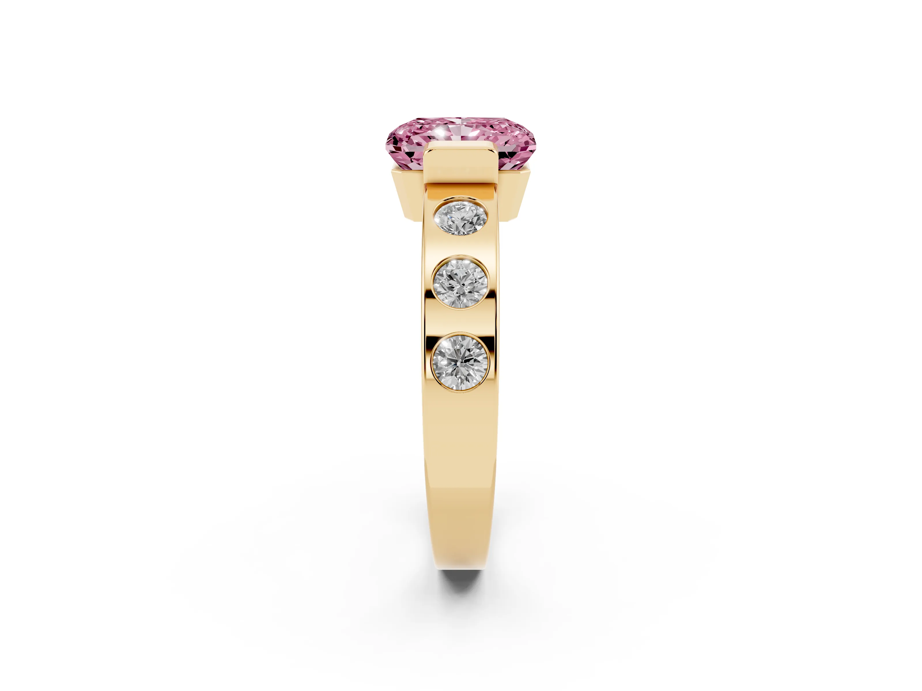 Fancy Pink Radiant Cut Diamond Channel-Set Band Ring Set in Yellow gold with Bezel Prong Setting