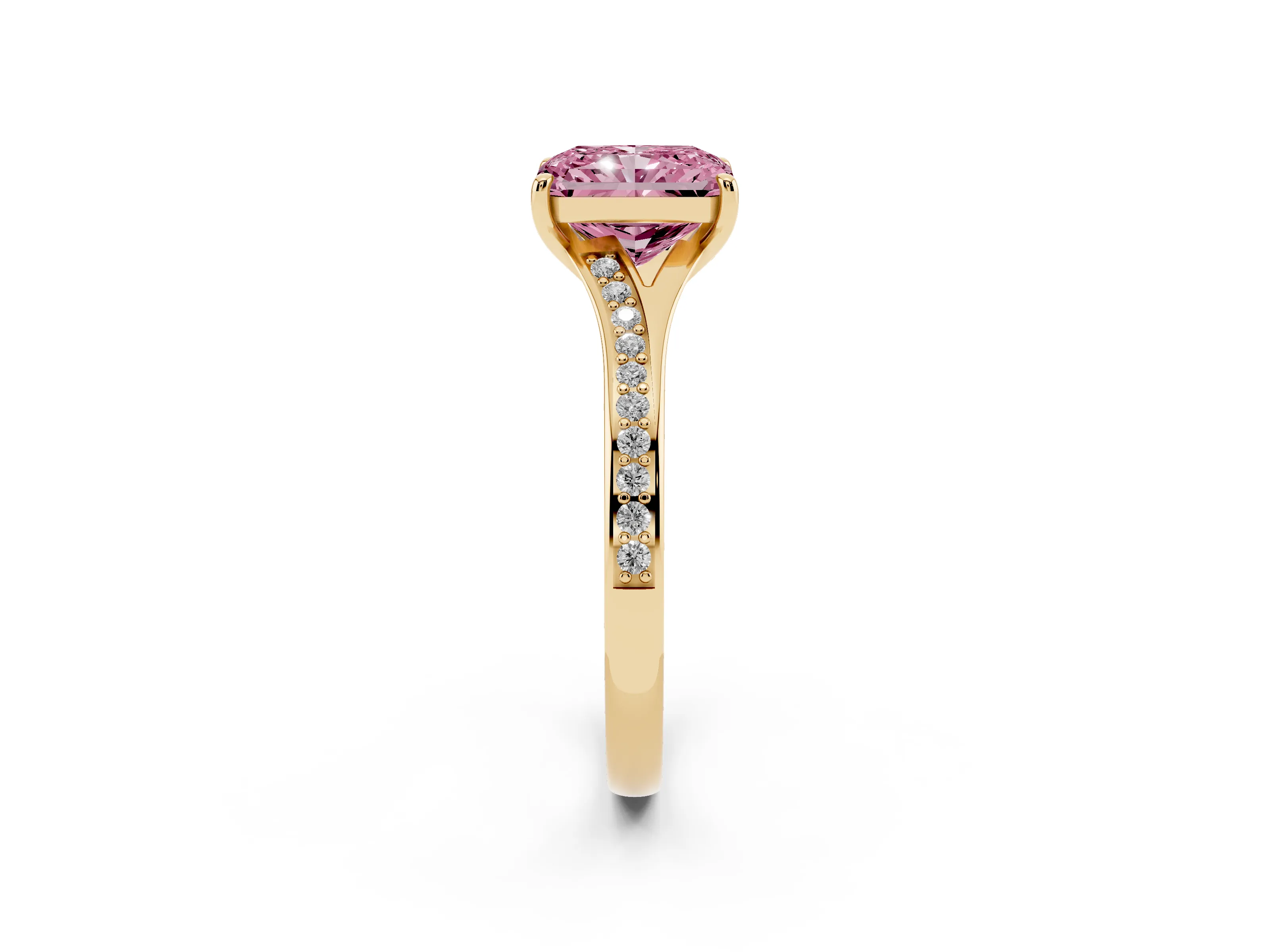 Fancy Pink Radiant Cut Diamond Solitaire Ring Set in Yellow gold with Pavé Accent Band and Classic Prong Setting