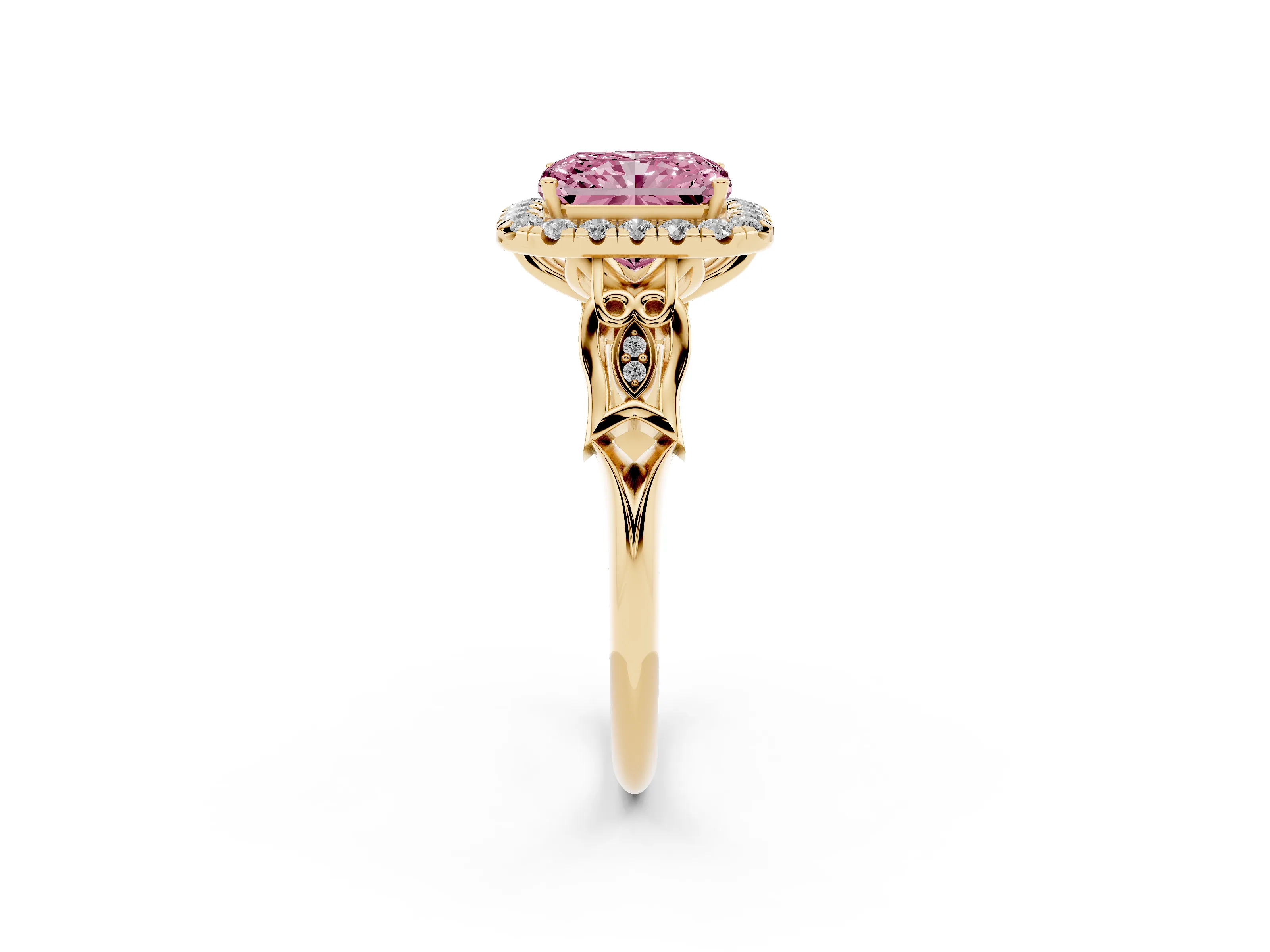 Fancy Pink Radiant Cut Diamond Halo Engagement Ring Set in Yellow gold with Filigree Band and Prong-Set Center
