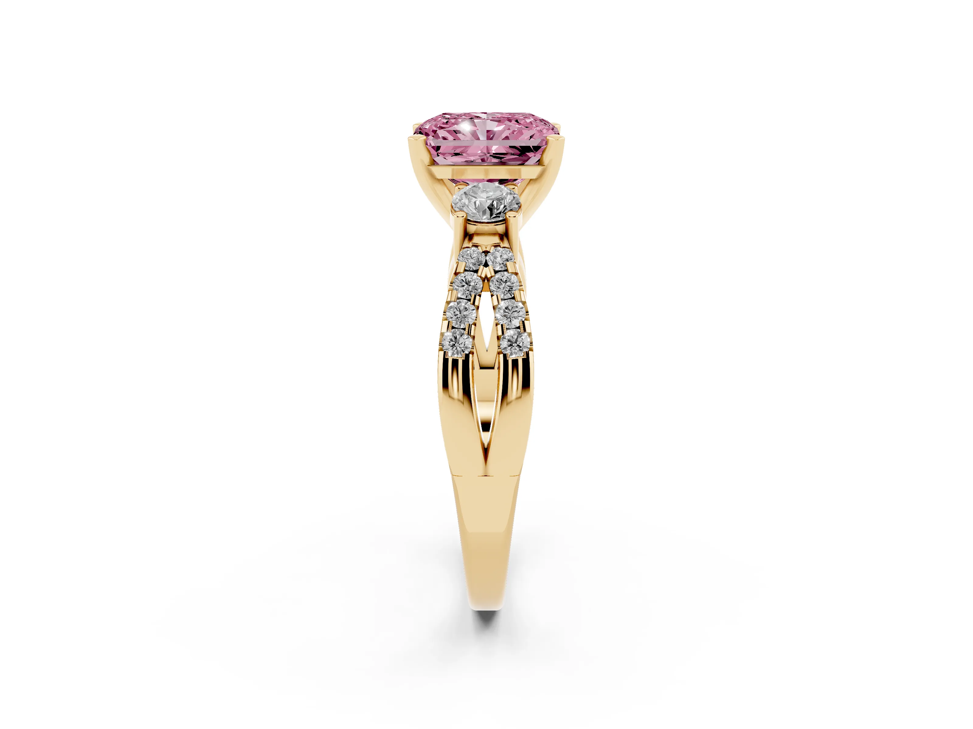 Fancy Pink Radiant Cut Diamond Three-Stone Ring Set in Yellow gold with Pavé Split Shank and Prong Setting