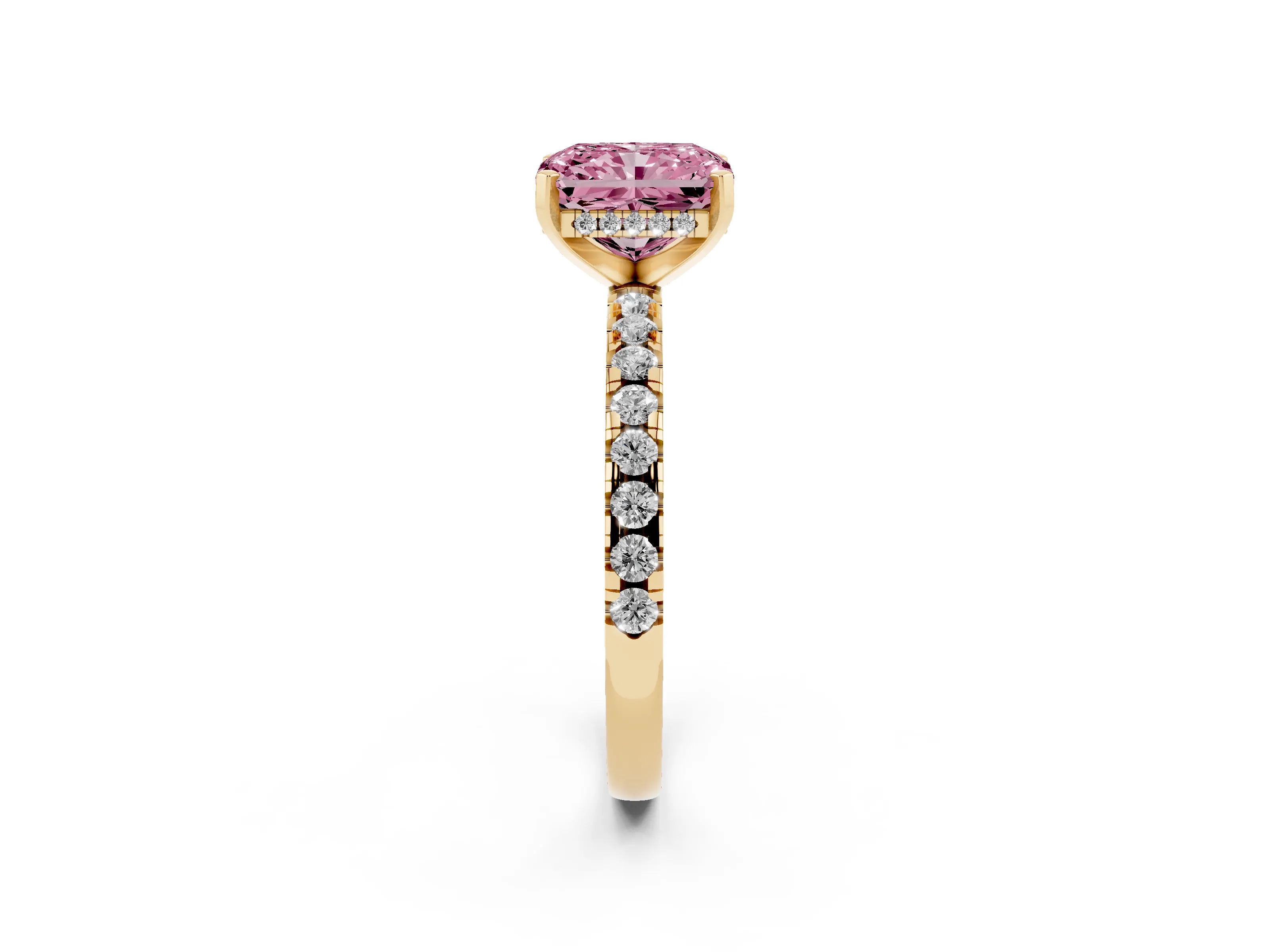 Fancy Pink Radiant Cut Diamond Pavé Solitaire Ring Set in Yellow gold with Round Band Accents and Prong Setting