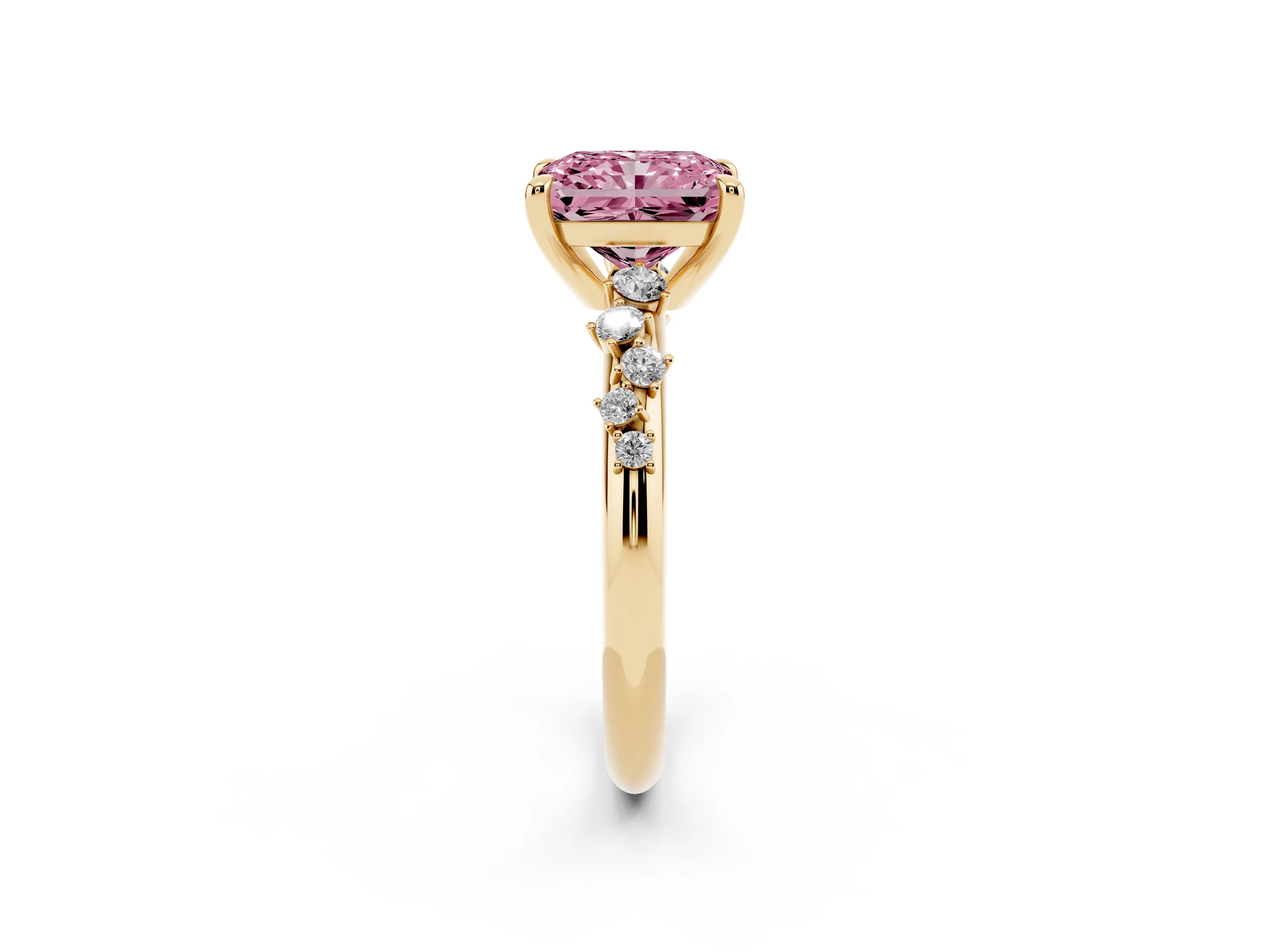 Fancy Pink Radiant Cut Diamond Solitaire Vine Band Ring Set in Yellow gold with Round Accents and Prong Setting