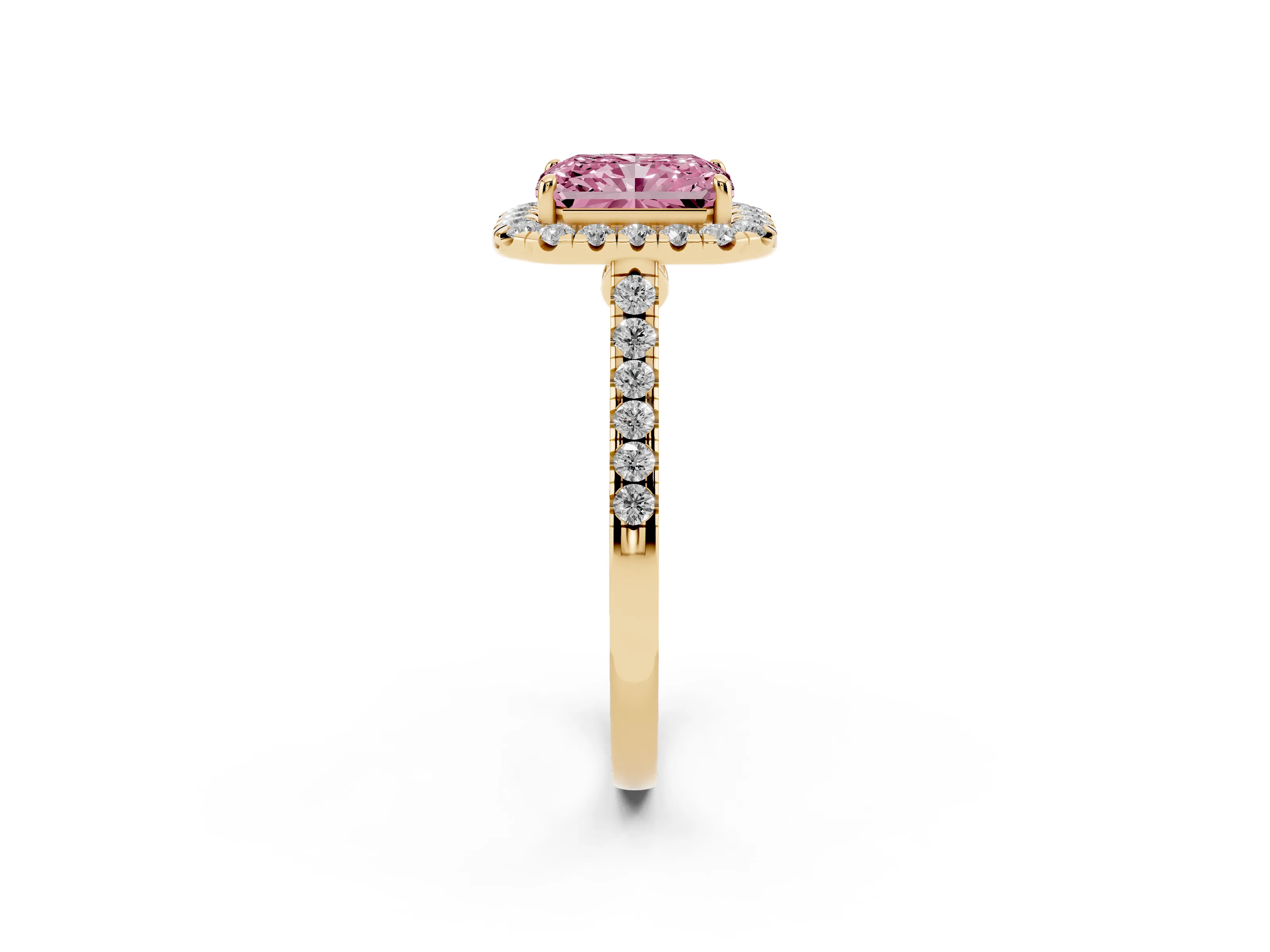 Fancy Pink Radiant Cut Diamond Halo Pavé Engagement Ring Set in Yellow gold with Prong Setting