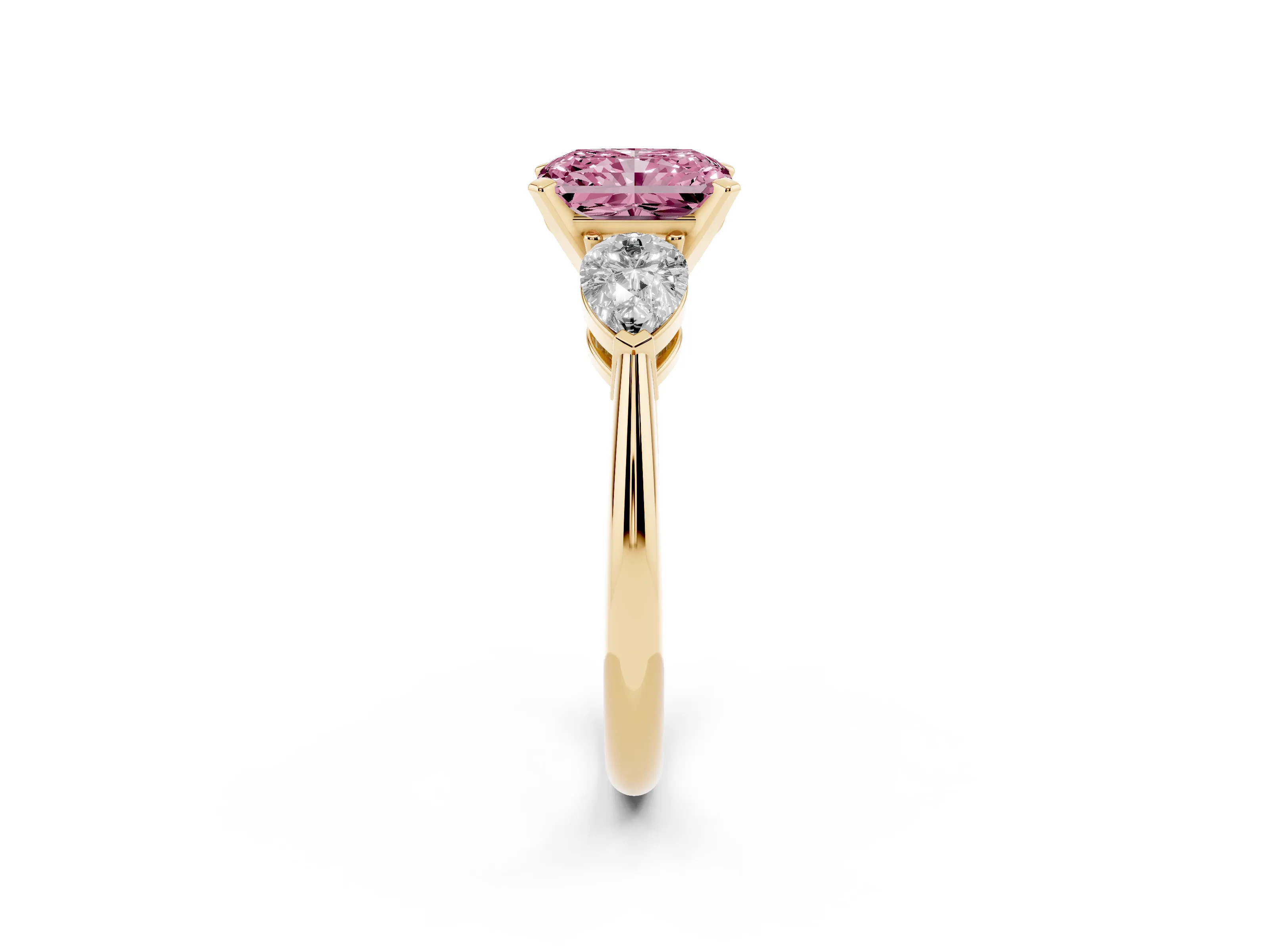 Fancy Pink Three-Stone Radiant Cut Diamond Ring Set in Yellow gold with Pear Side Stones and Prong Setting