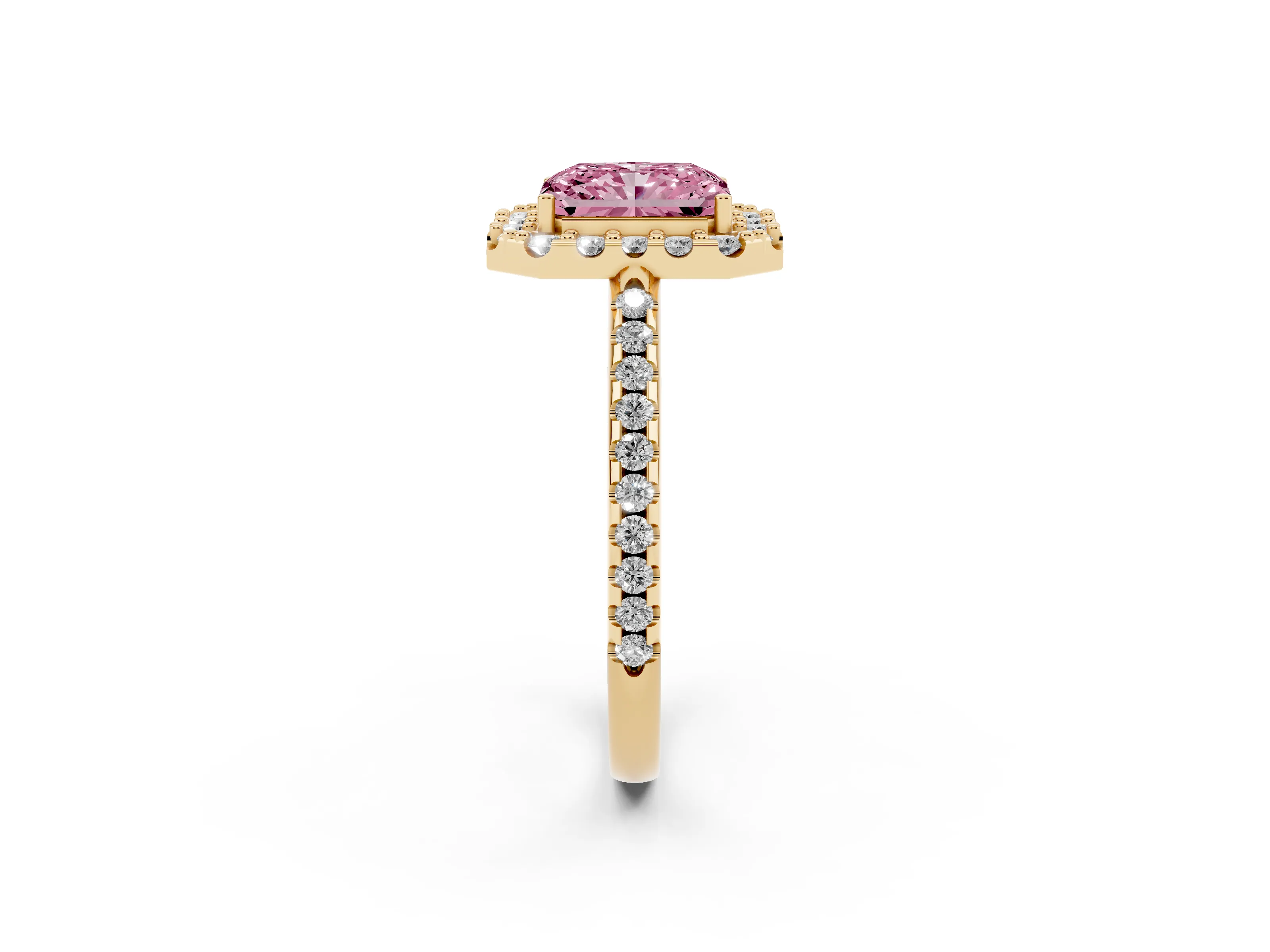 Fancy Pink Radiant Cut Diamond Pavé Halo Ring Set in Yellow gold with Prong Setting
