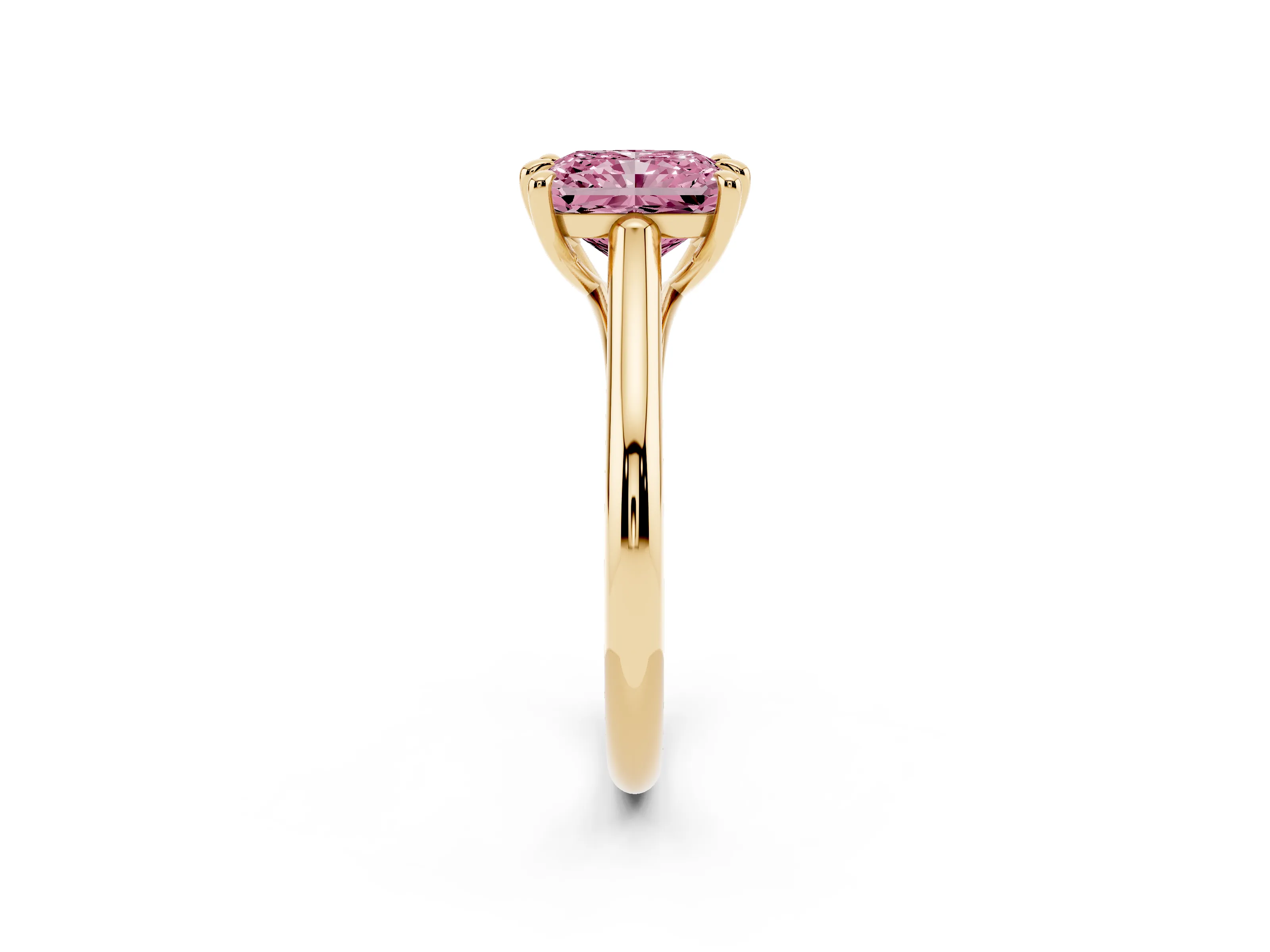 Fancy Pink Radiant Cut Diamond Solitaire Engagement Ring Set in Yellow gold with Prong Setting and Plain Classic Band