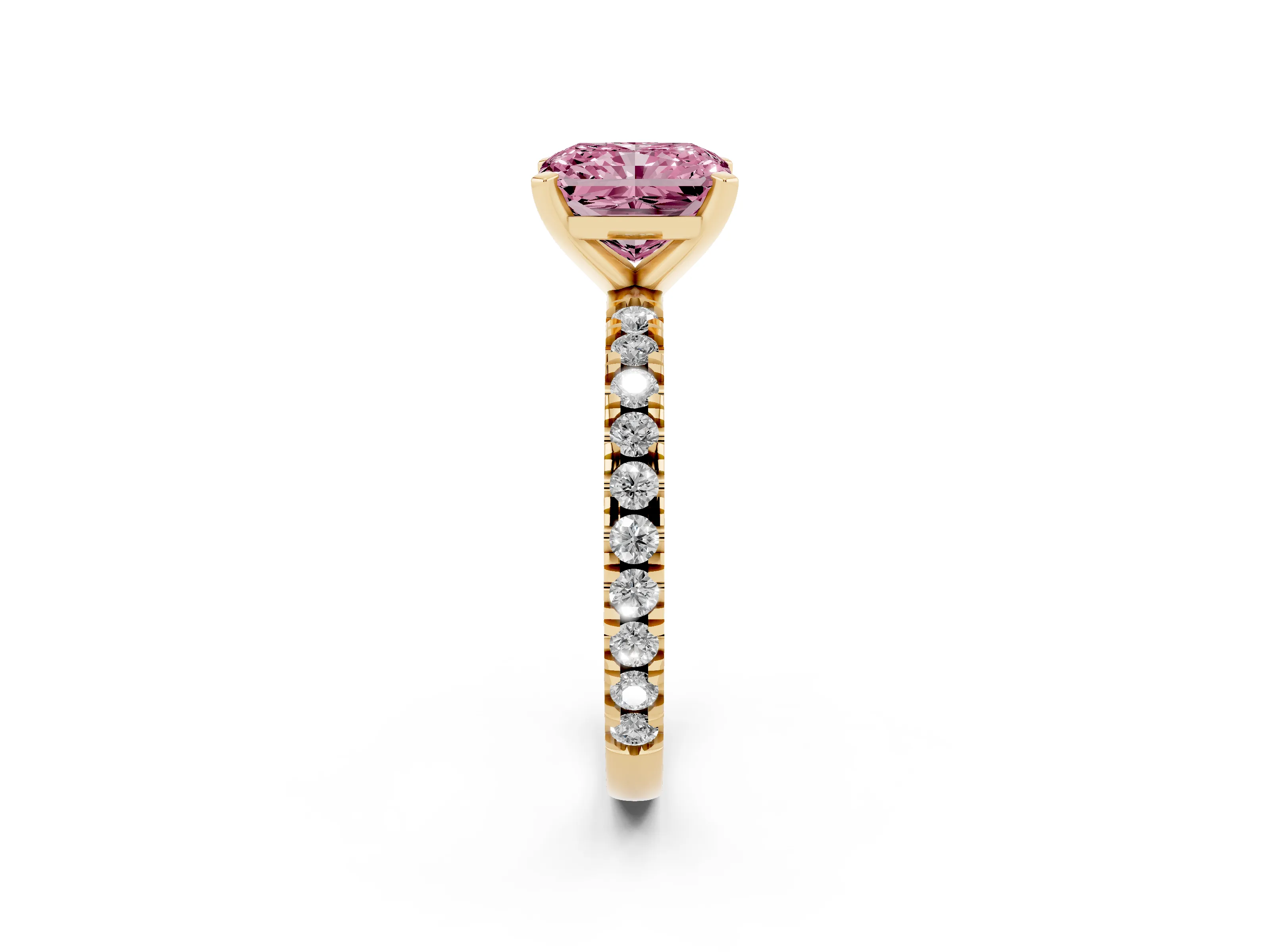 Fancy Pink Radiant Cut Diamond Pavé Band Solitaire Set in Yellow gold with Prong Setting