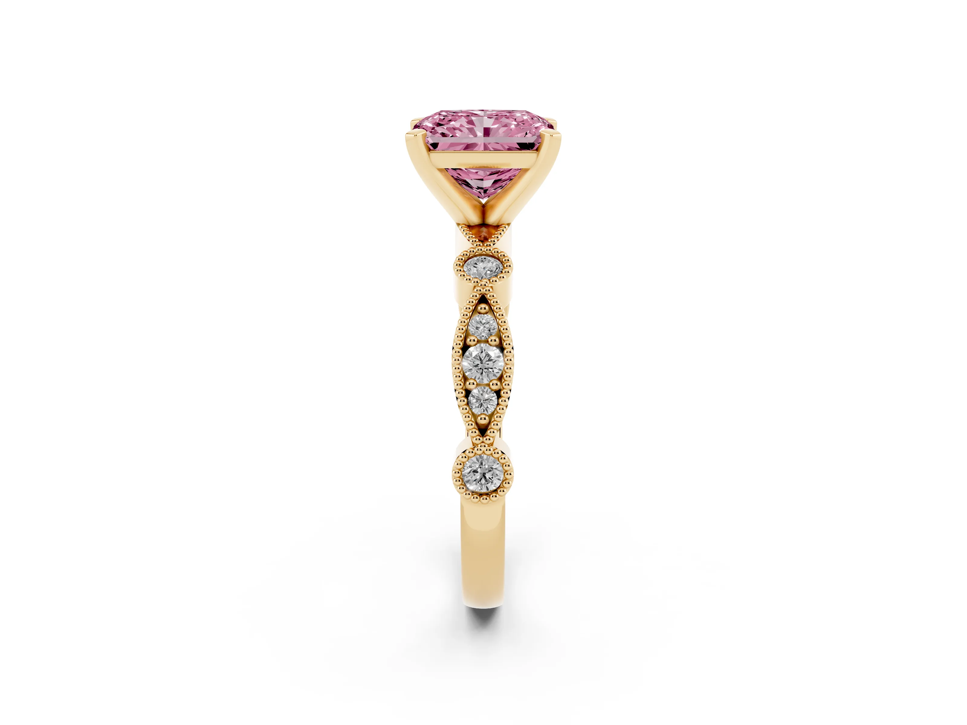 Fancy Pink Radiant Cut Diamond Solitaire Engagement Ring Set in Yellow gold with Milgrain Bezel Accent Band