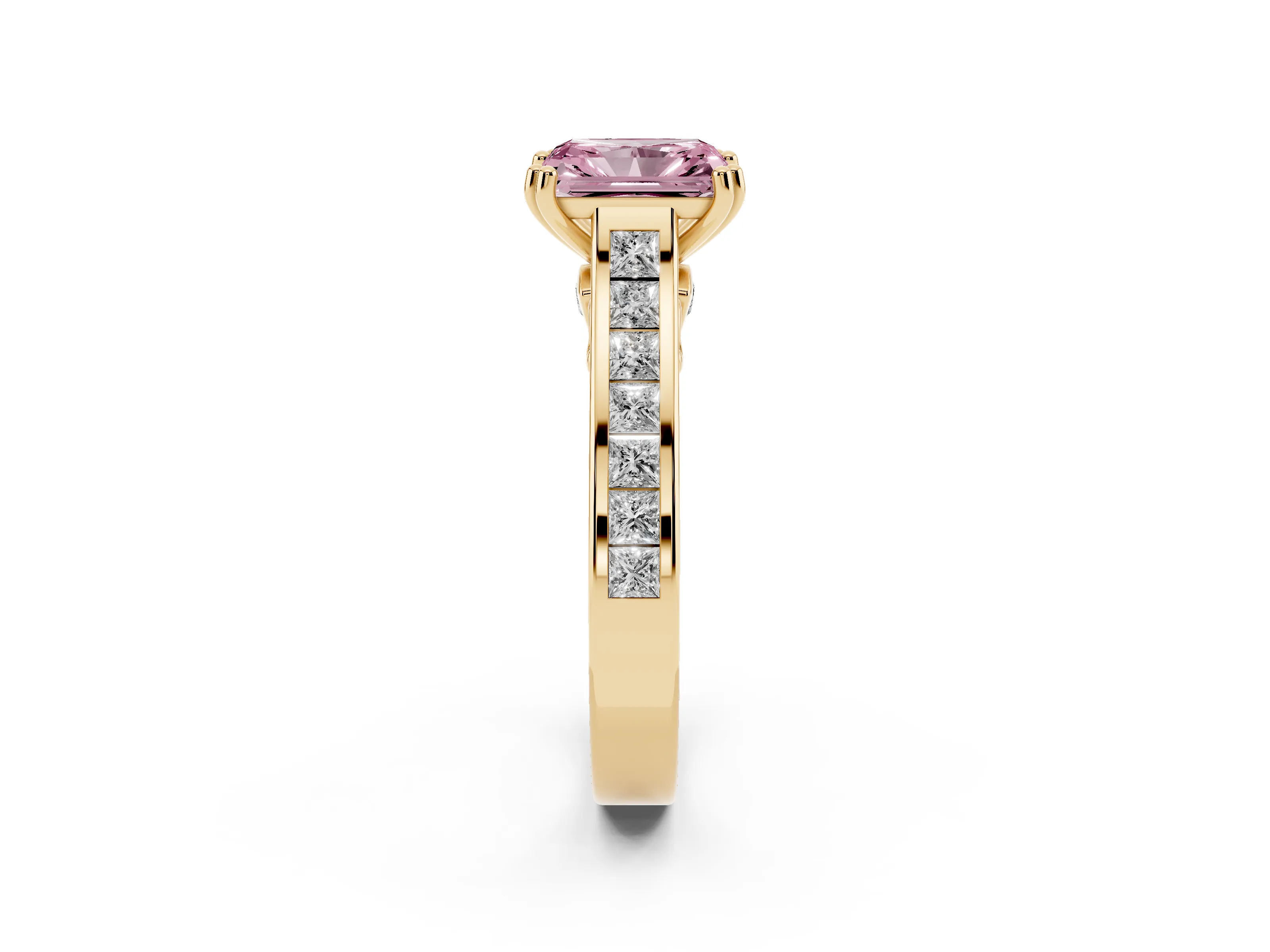 Fancy Pink Radiant Cut Diamond Channel Set Solitaire Engagement Ring Set in Yellow gold with Prong Setting