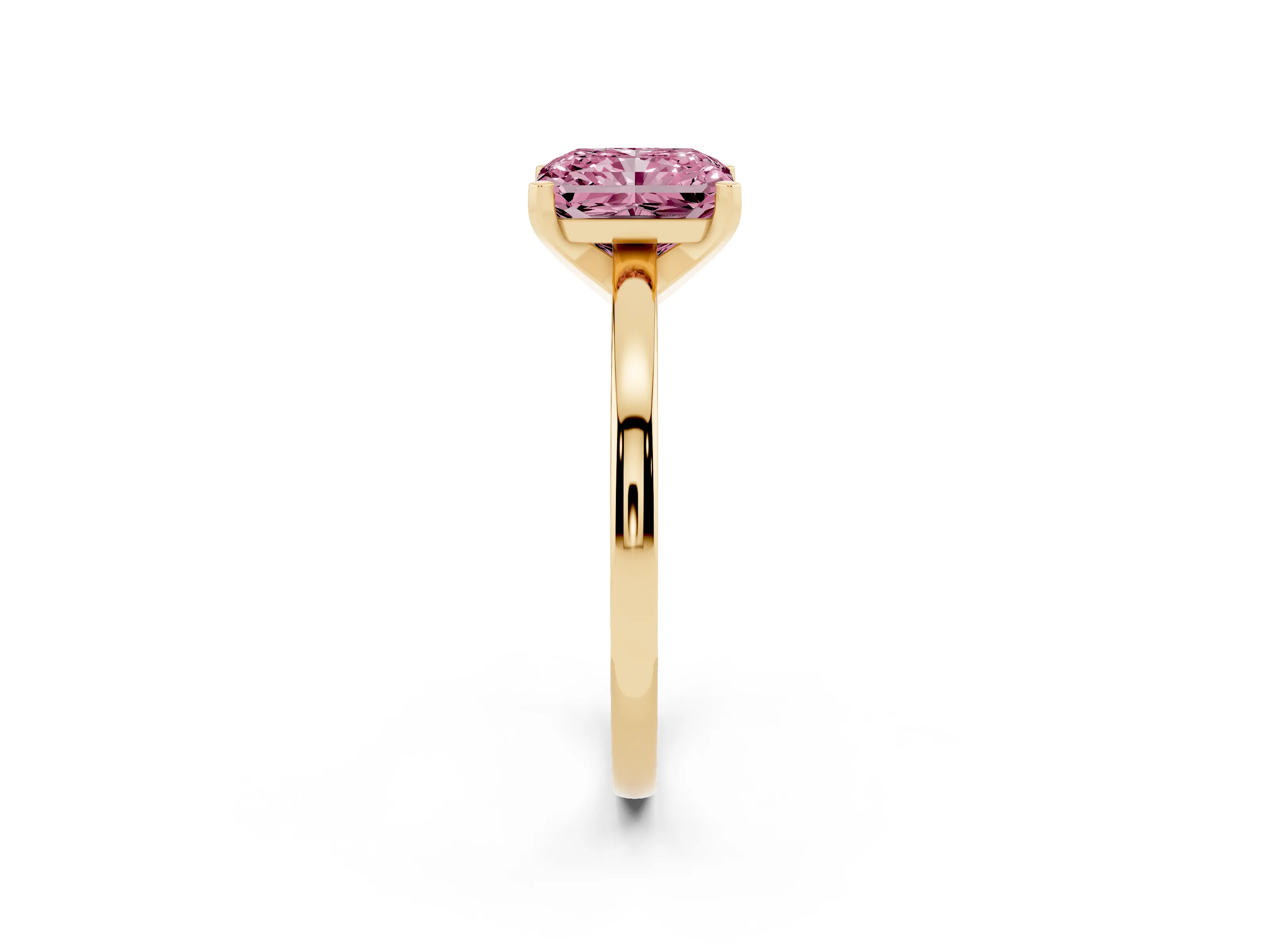 Fancy Pink Radiant Cut Diamond Solitaire Engagement Ring Set in Yellow gold with Prong Setting on a Classic Band