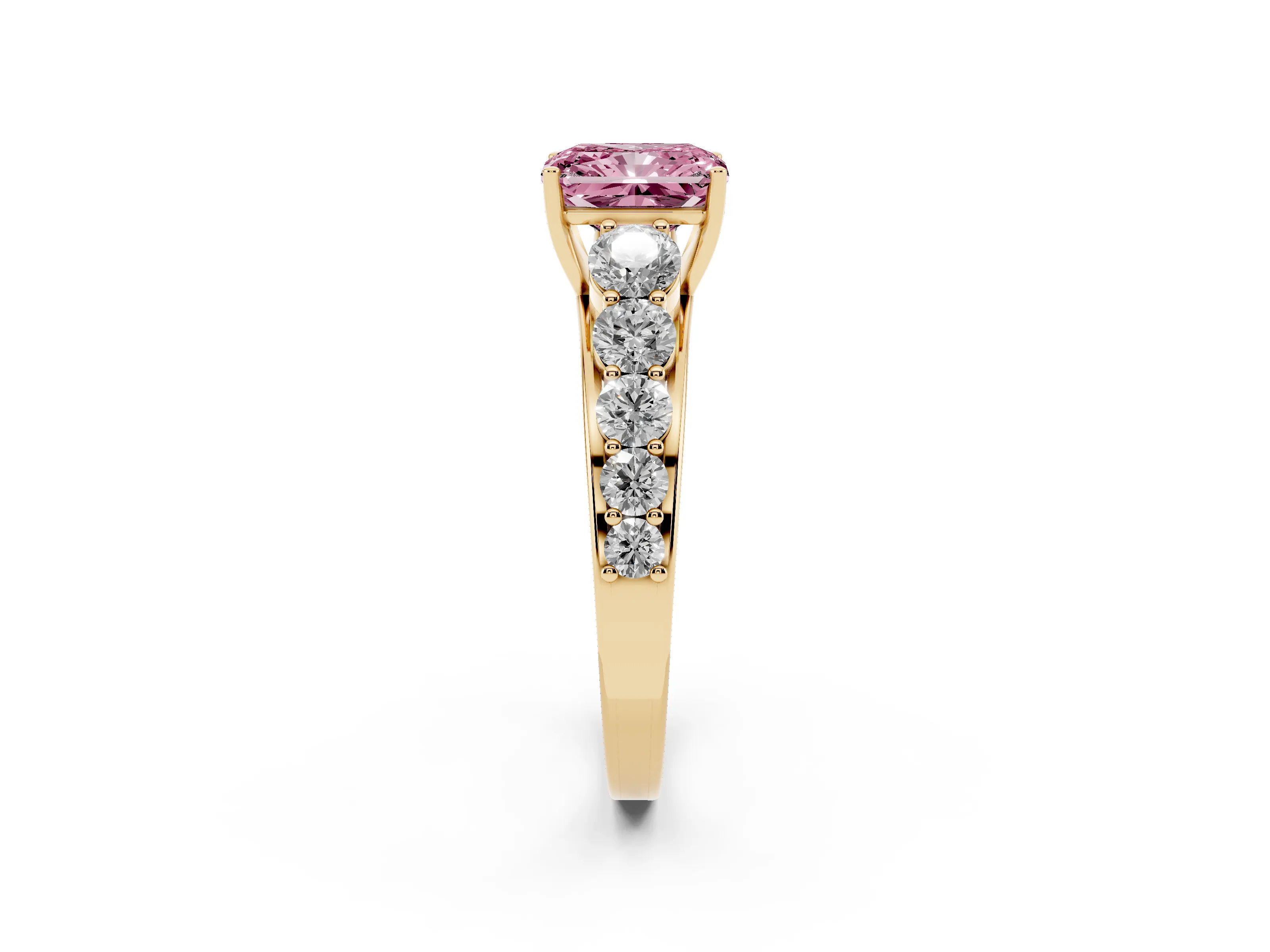 Fancy Pink Radiant Cut Diamond Solitaire Ring Set in Yellow gold with Pavé-Set Band and Prong Setting