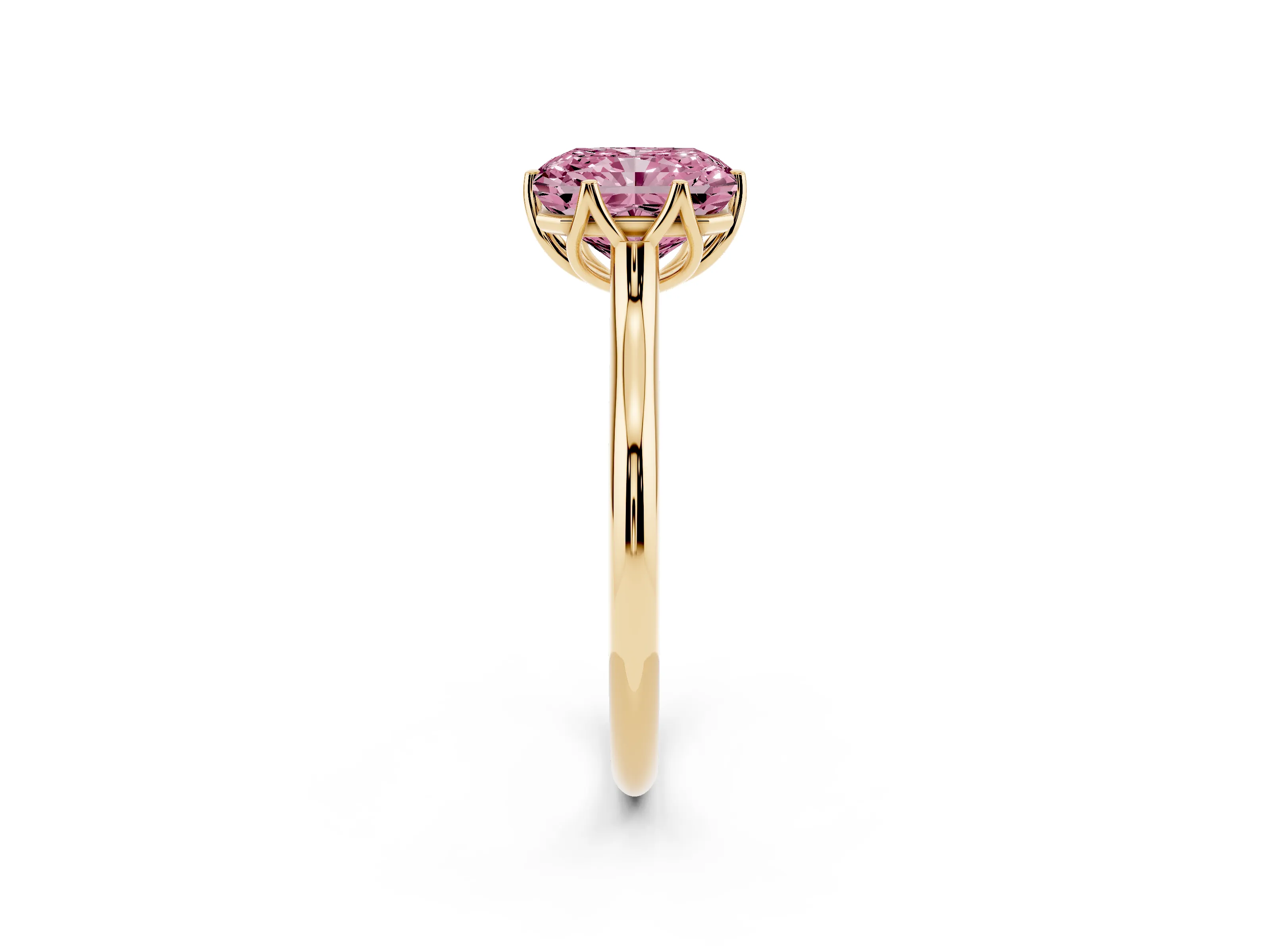 Fancy Pink Radiant Cut Diamond Solitaire Cathedral Ring Set in Yellow gold with Prong Setting