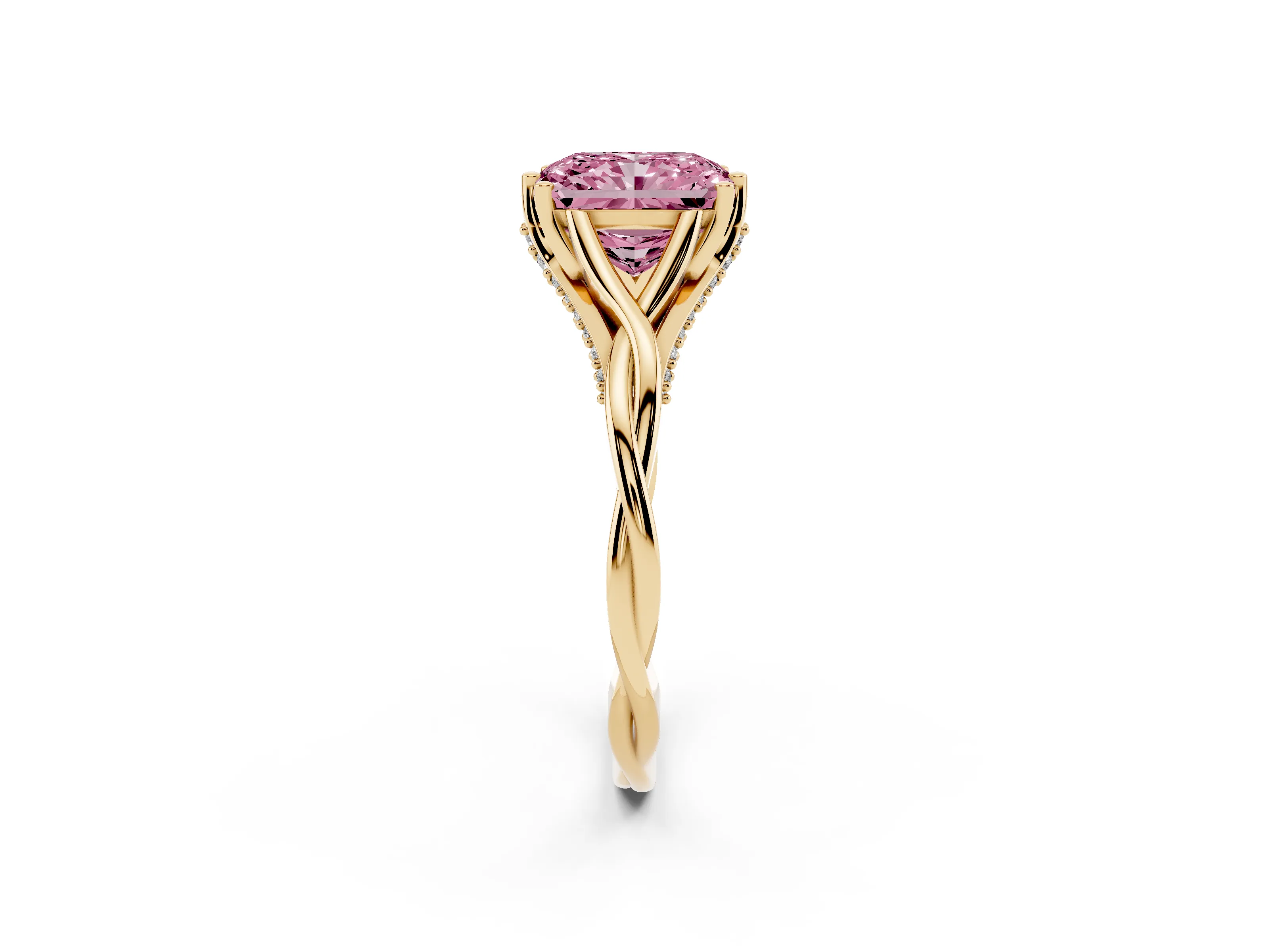 Fancy Pink Radiant Cut Diamond Intertwined Twist Band Solitaire Ring Set in Yellow gold with Prong Setting