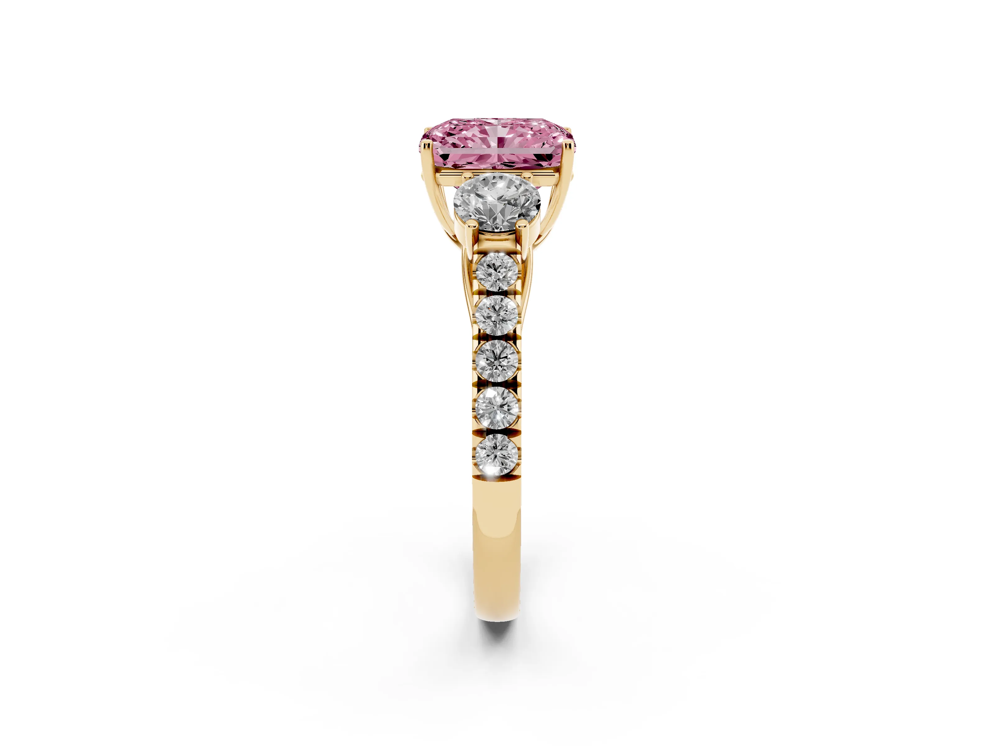 Fancy Pink Radiant Cut Diamond Three-Stone Ring Set in Yellow gold with Round Side Stones and Delicate Pavé Band