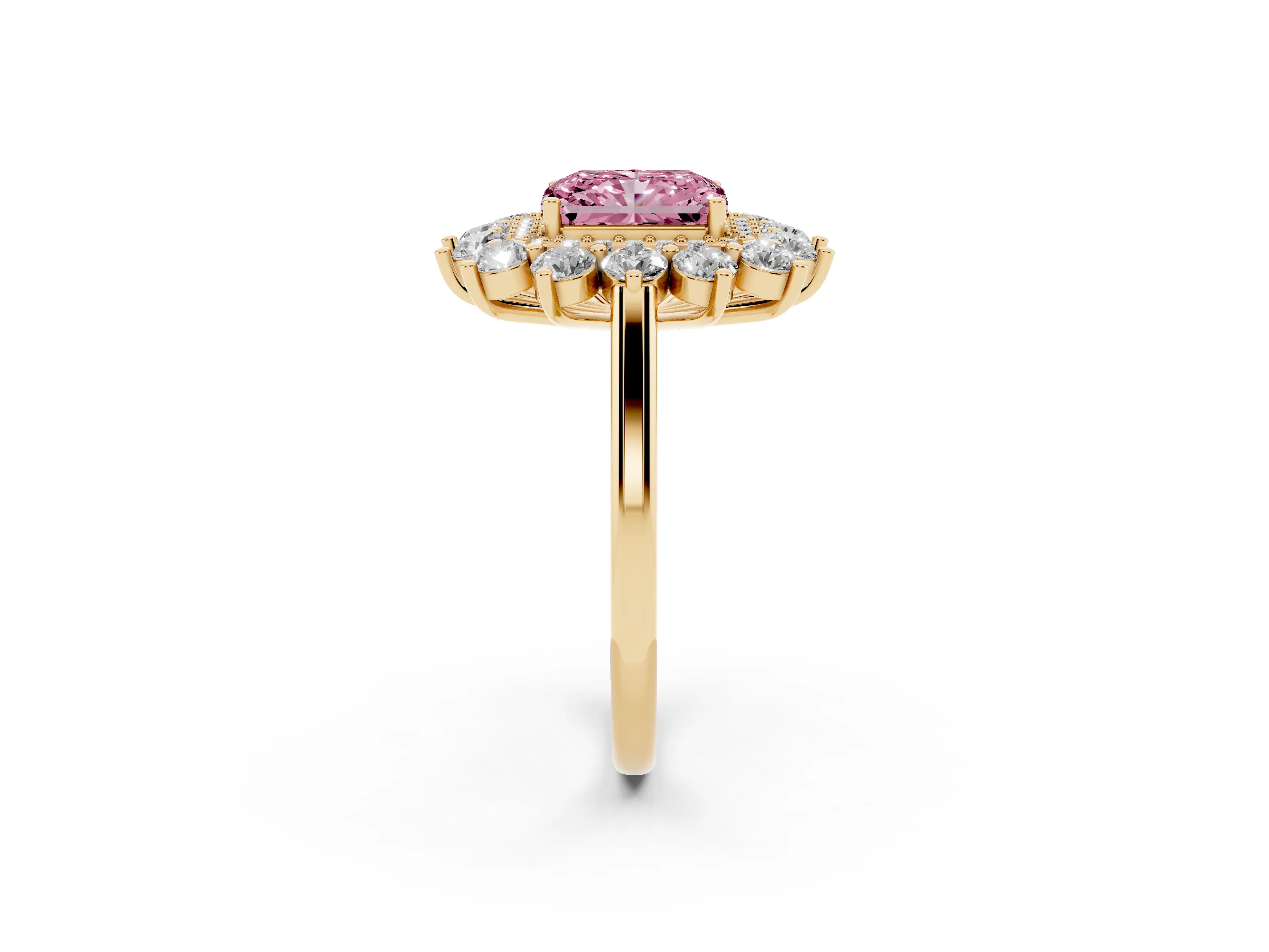 Fancy Pink Radiant Cut Diamond Floral Double Halo Ring Set in Yellow gold with Round Petals