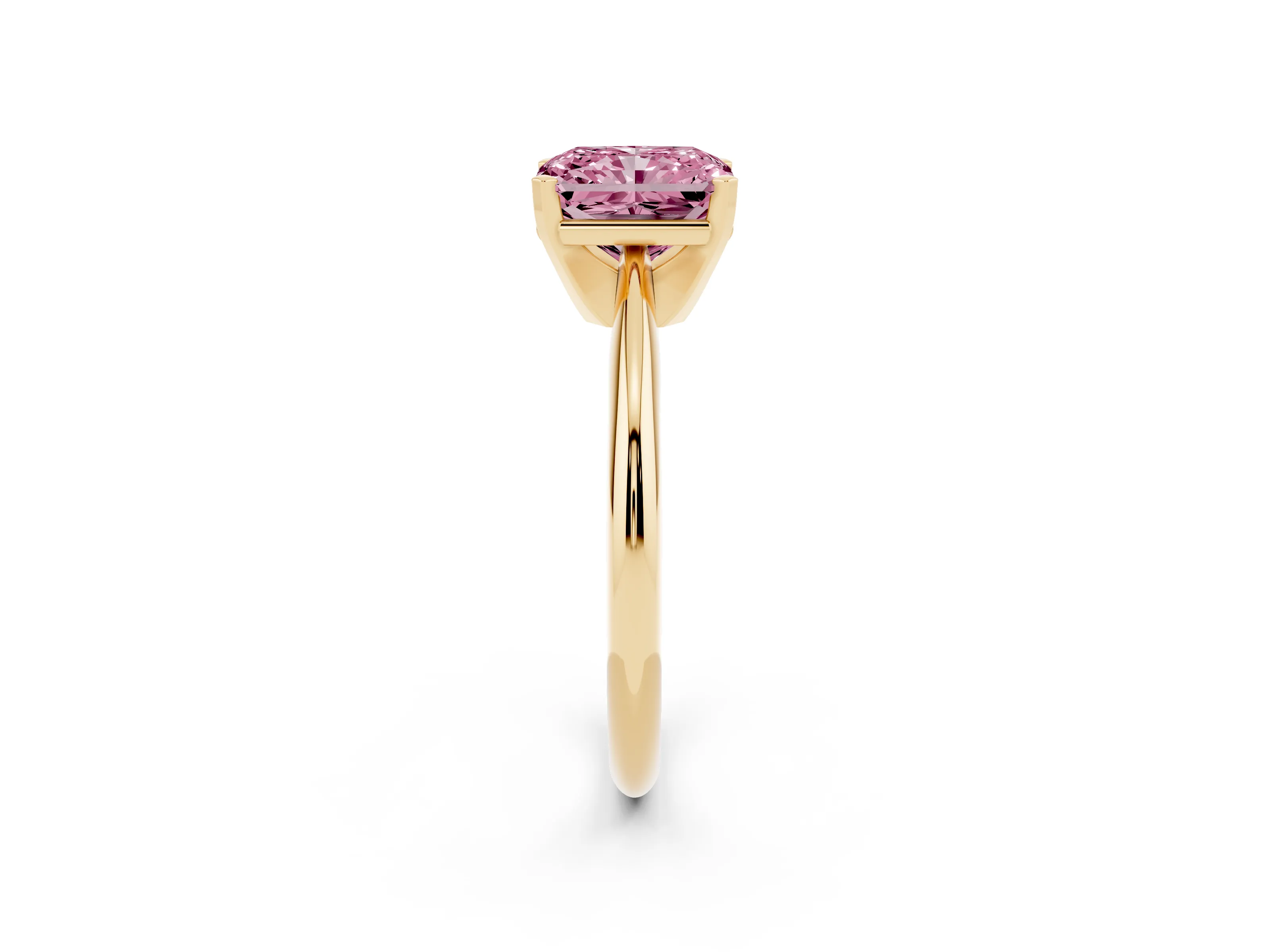 Fancy Pink Radiant Cut Diamond Solitaire Ring Set in Yellow gold with Prong Setting on a Plain Round Band
