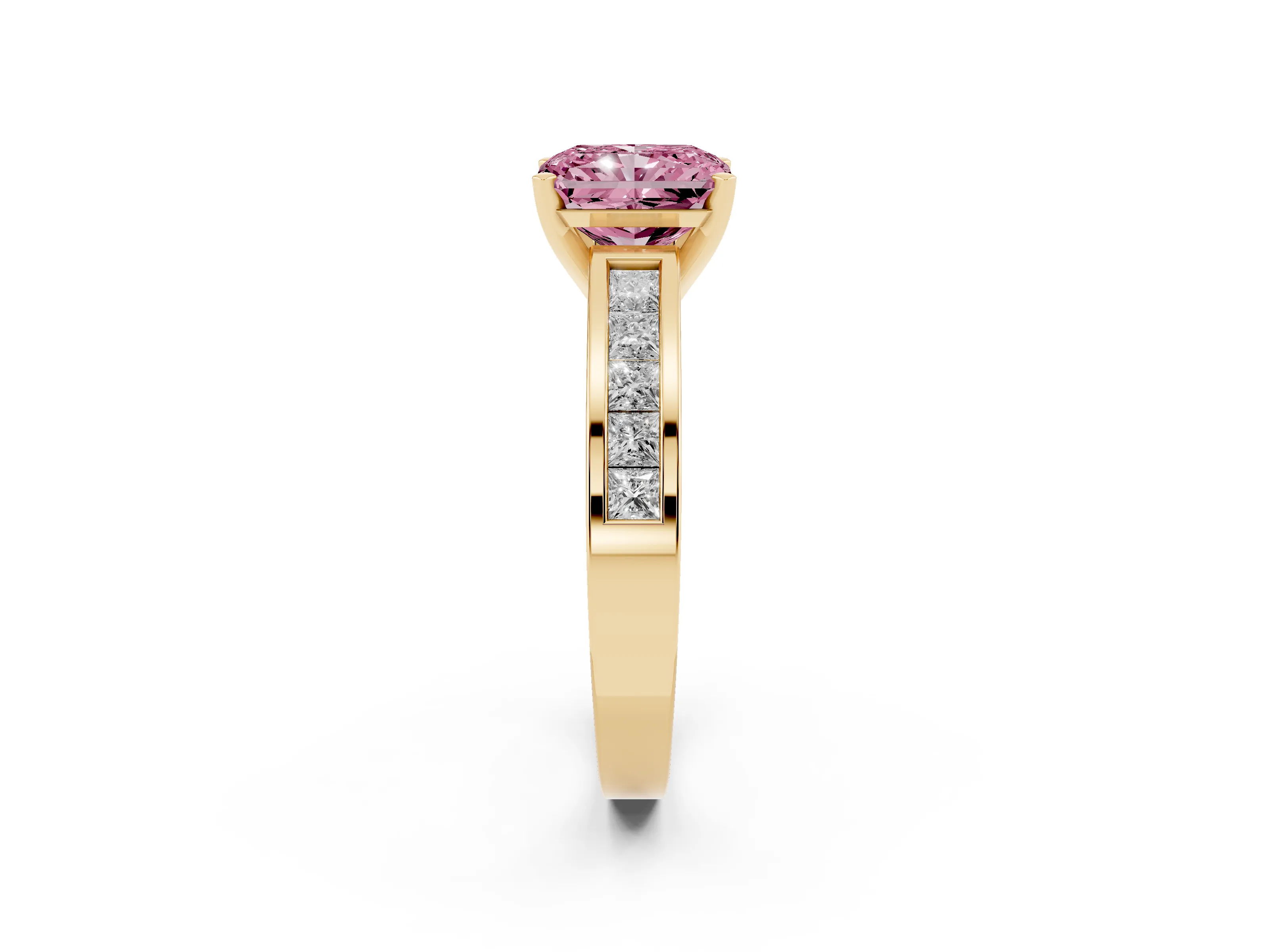 Fancy Pink Radiant Cut Diamond Solitaire Ring Set in Yellow gold with Channel-Set Band and Prong Setting