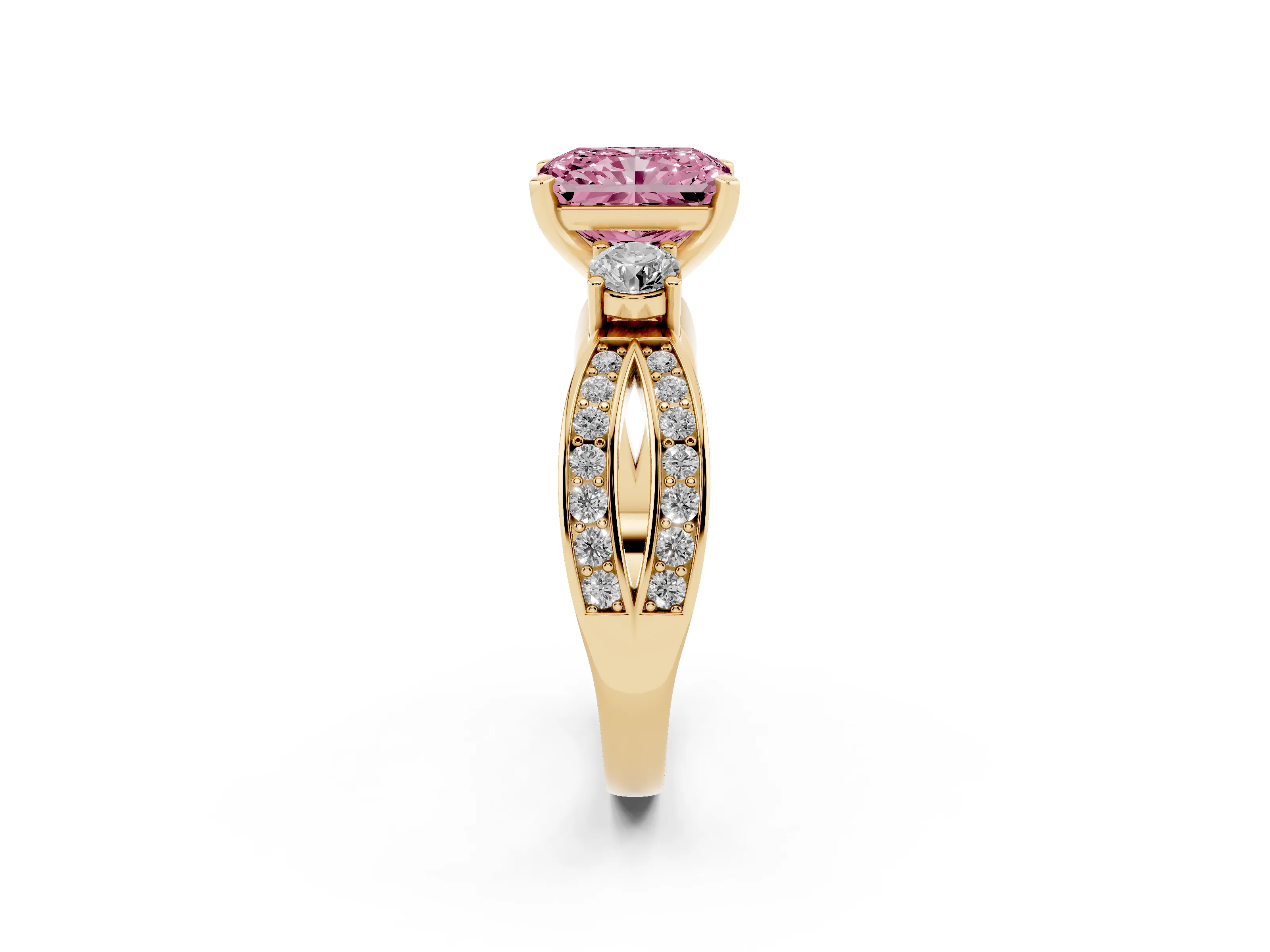 Fancy Pink Three-Stone Radiant Cut Diamond Twist Band Ring Set in Yellow gold with Pavé Accents and Prong Setting