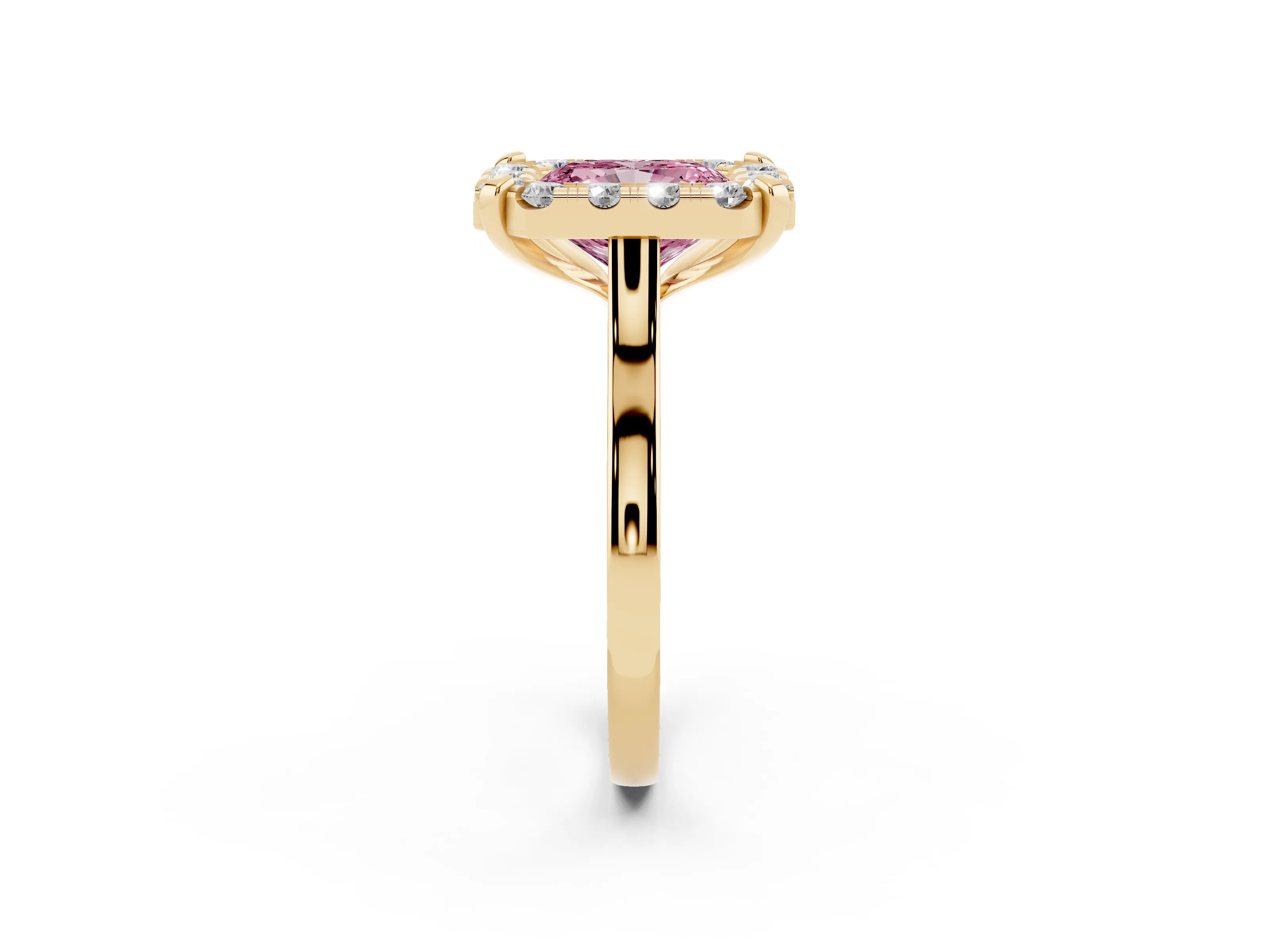 Fancy Pink Radiant Cut Diamond Cluster Halo Solitaire Ring Set in Yellow gold with Prong Setting