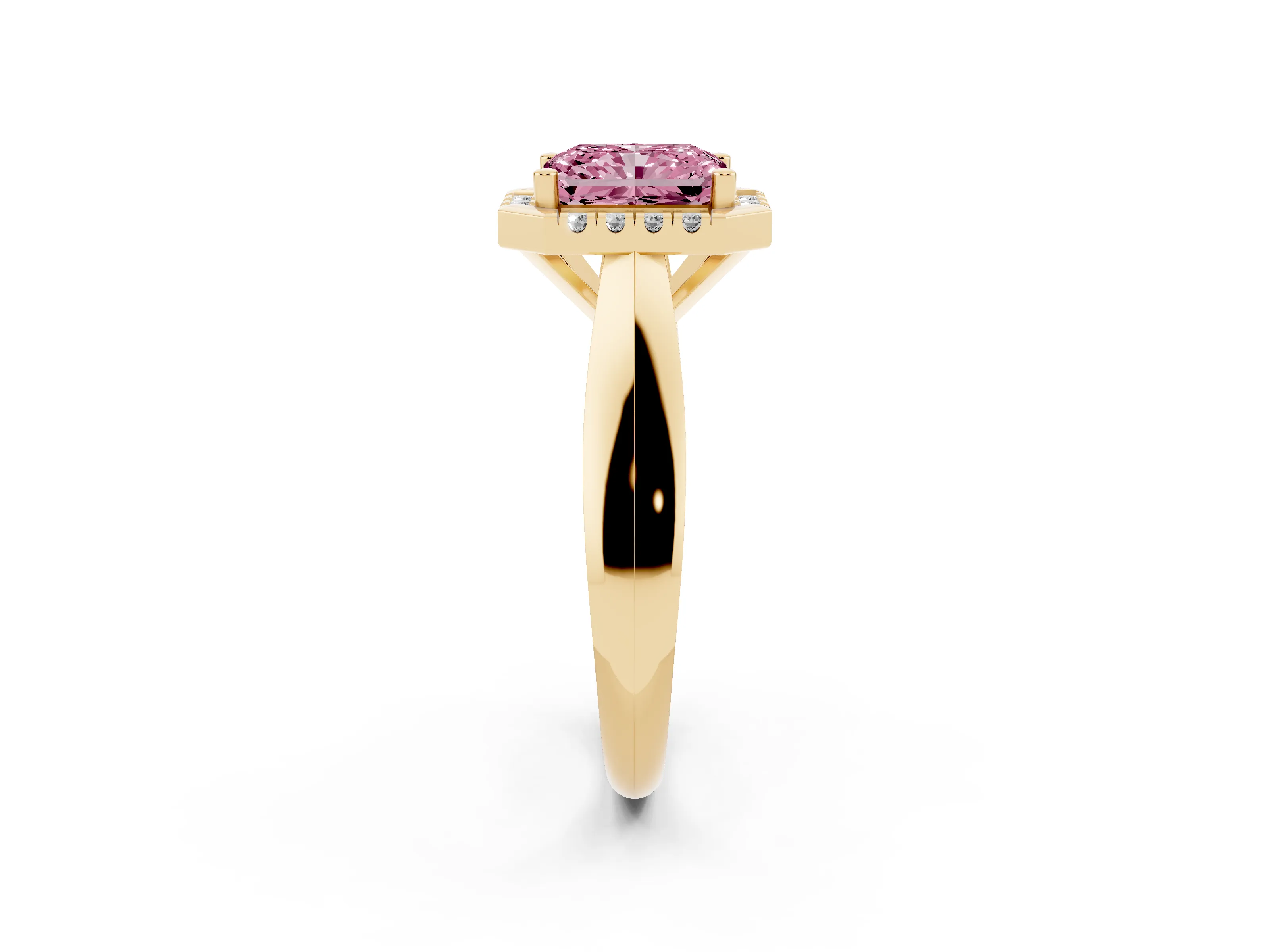 Fancy Pink Radiant Cut Diamond Halo Solitaire Engagement Ring Set in Yellow gold with Square Band and Prong Setting