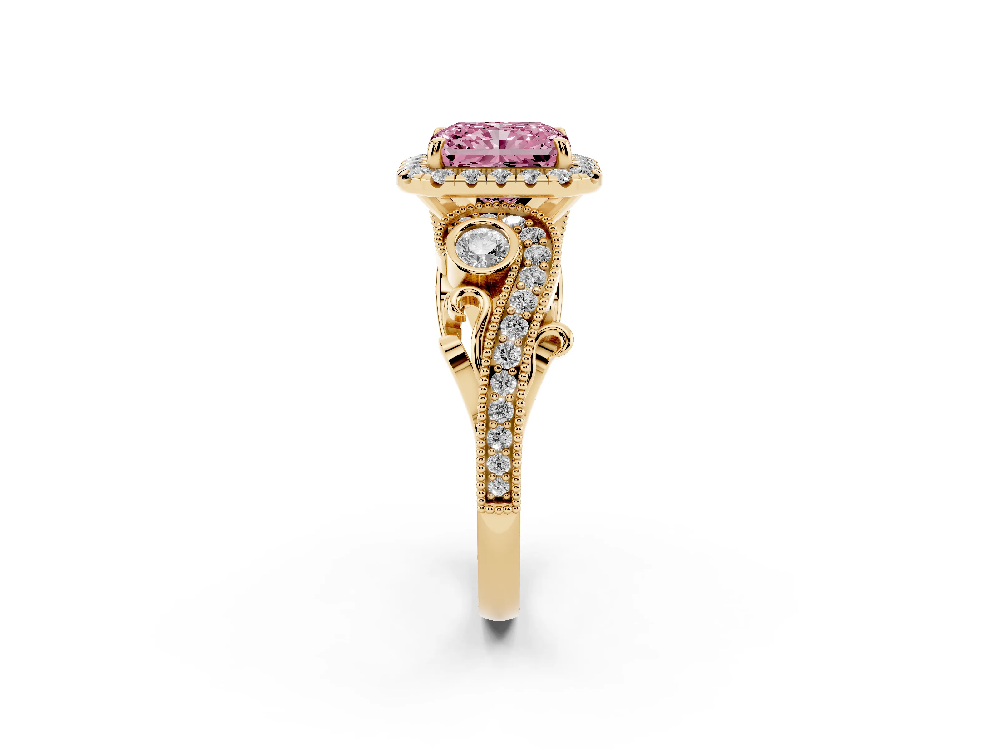 Fancy Pink Radiant Cut Diamond Halo Ring Set in Yellow gold with Milgrain Pavé Band and Prong Setting