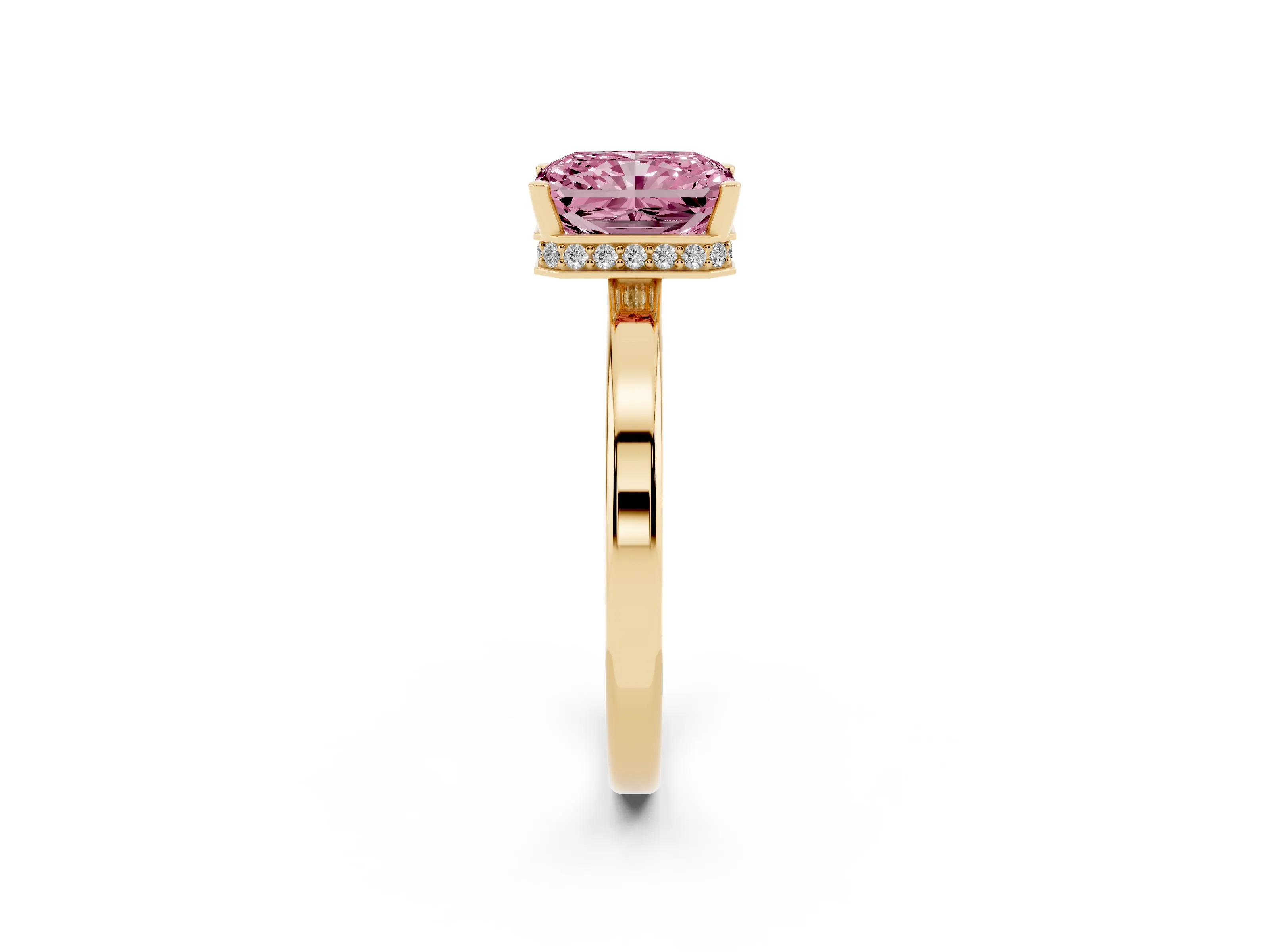 Fancy Pink Radiant Cut Diamond Solitaire Engagement Ring Set in Yellow gold with Prong Setting on a Plain Band