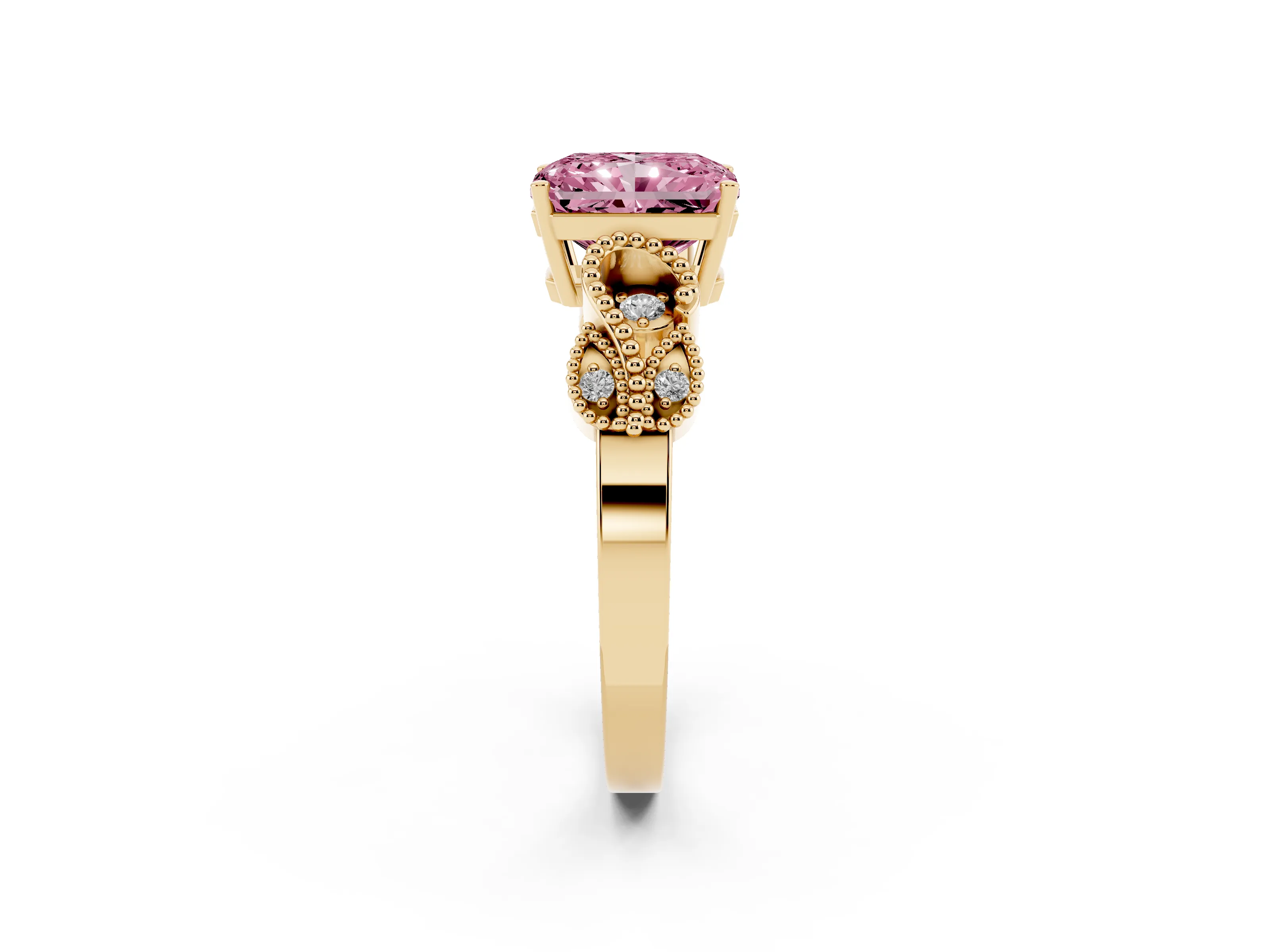 Fancy Pink Radiant Cut Diamond Milgrain Leaf Band Solitaire Ring Set in Yellow gold with Accent Stones and Prong Setting