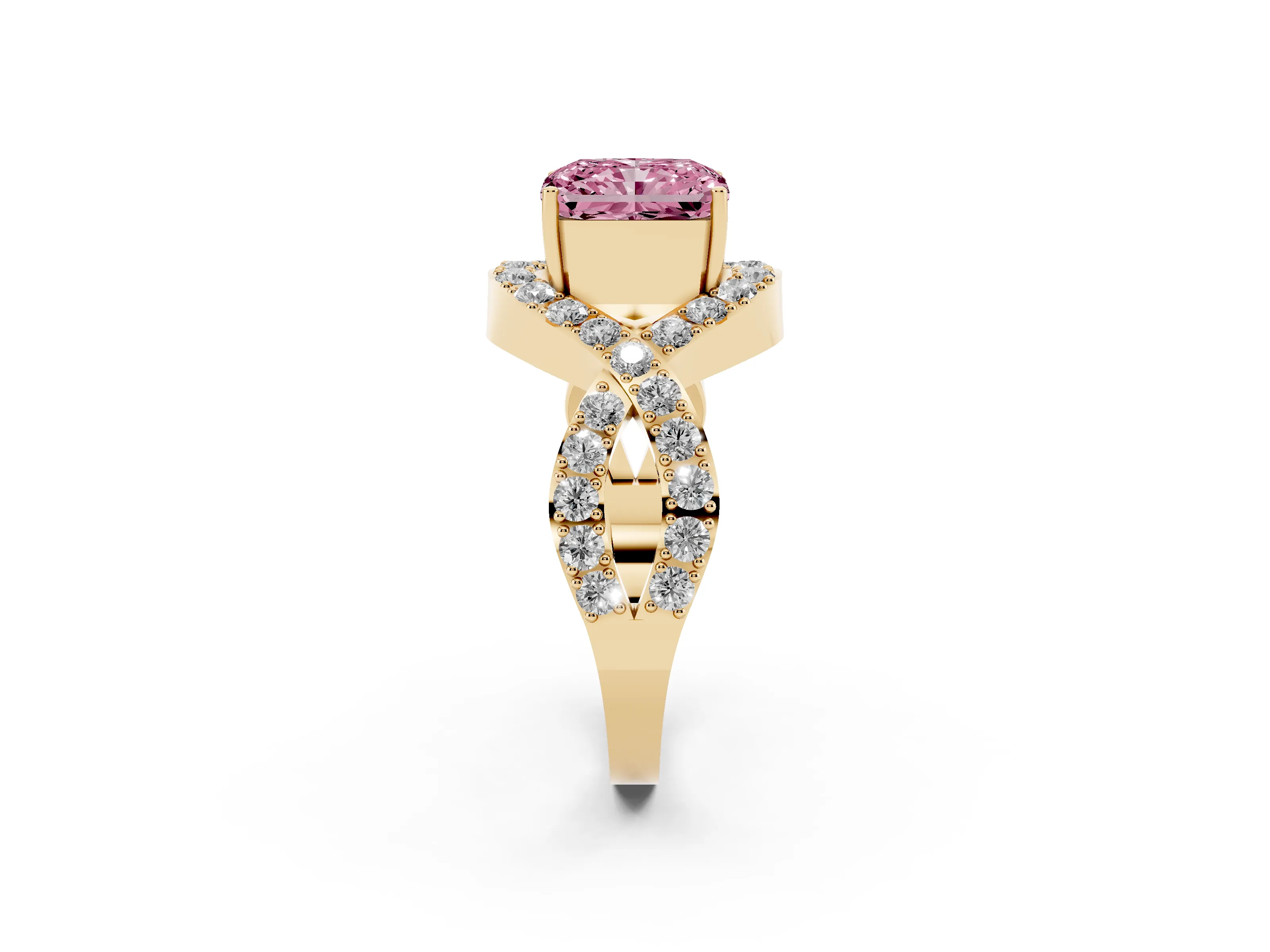 Fancy Pink Radiant Cut Diamond Solitaire Twist Band Pavé Engagement Ring Set in Yellow gold