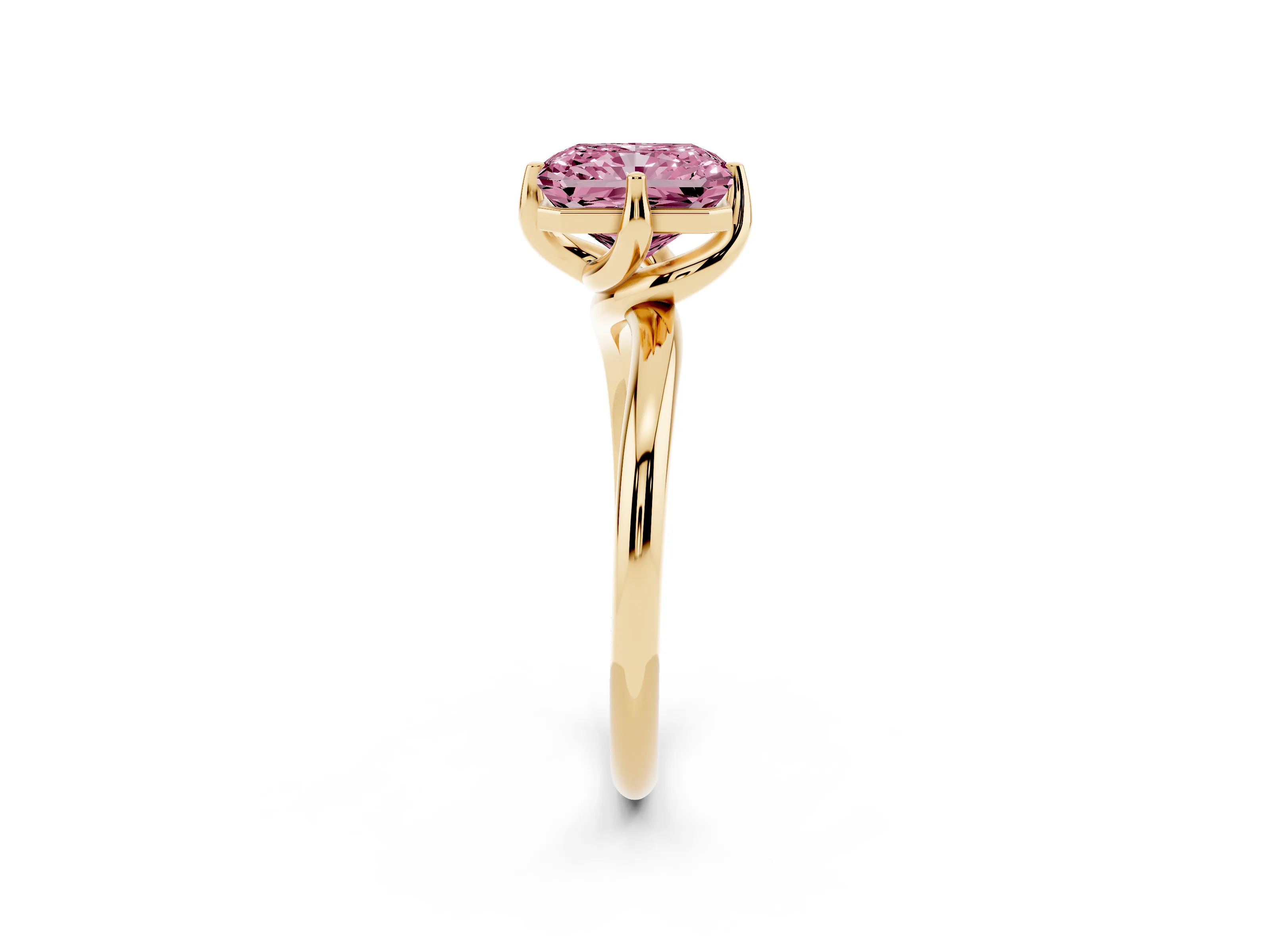 Fancy Pink Radiant Cut Diamond Solitaire Engagement Ring Set in Yellow gold with Classic Plain Band