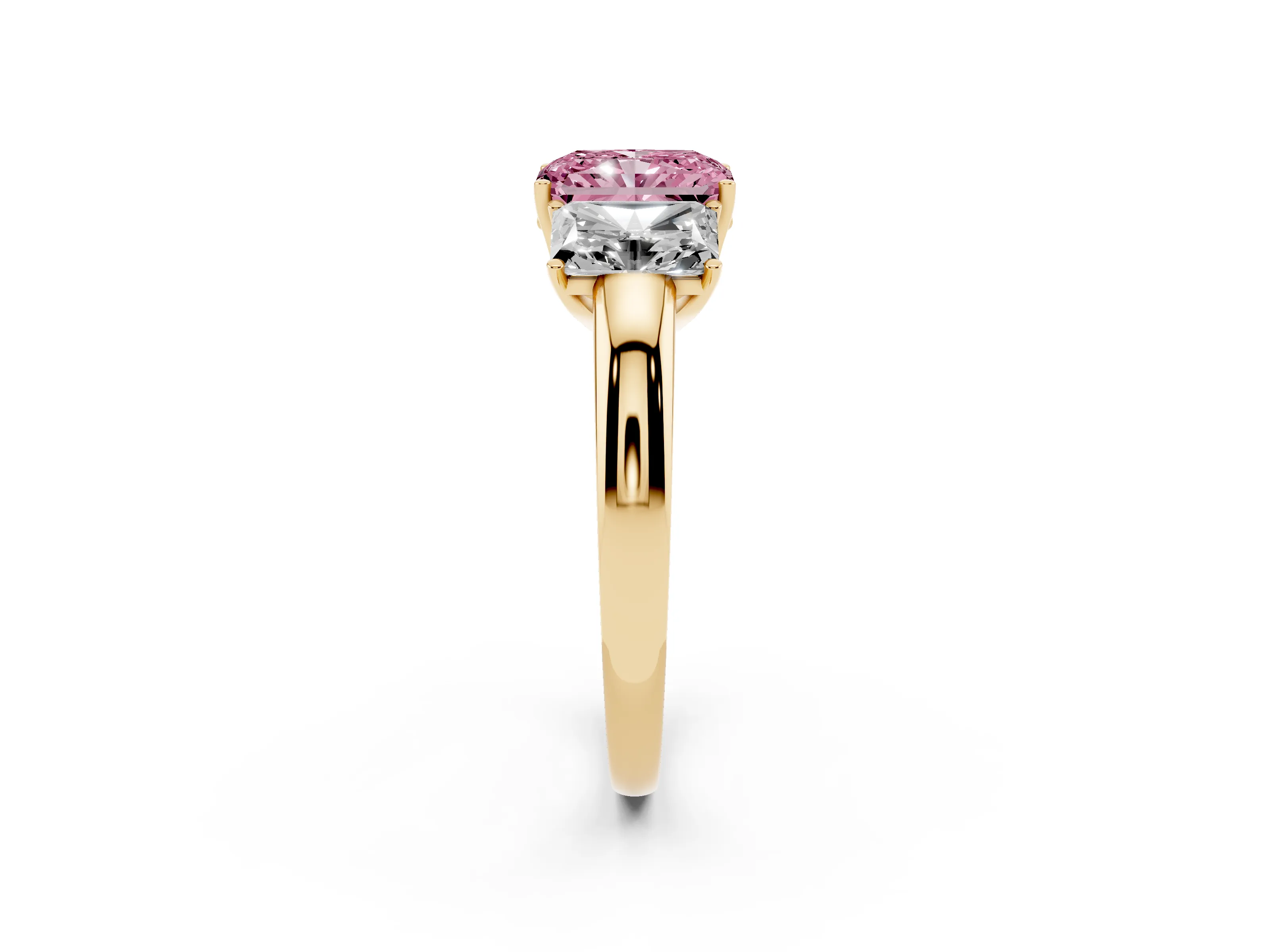 Fancy Pink Radiant Cut Diamond Three-Stone Ring Set in Yellow gold with Bold Center and Classic Band