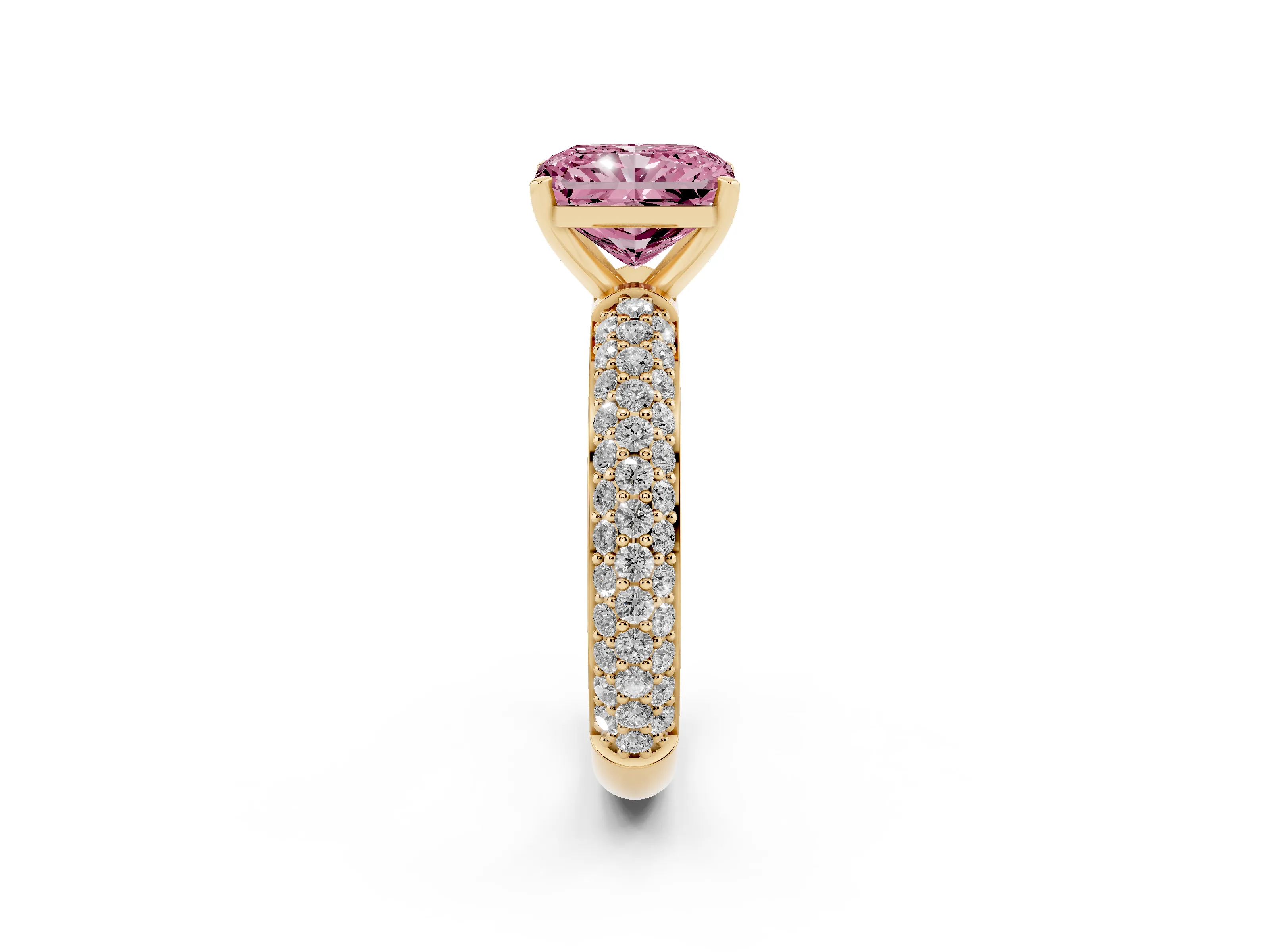 Fancy Pink Radiant Cut Diamond Solitaire Ring Set in Yellow gold with Prong Setting and Pavé-Set Band
