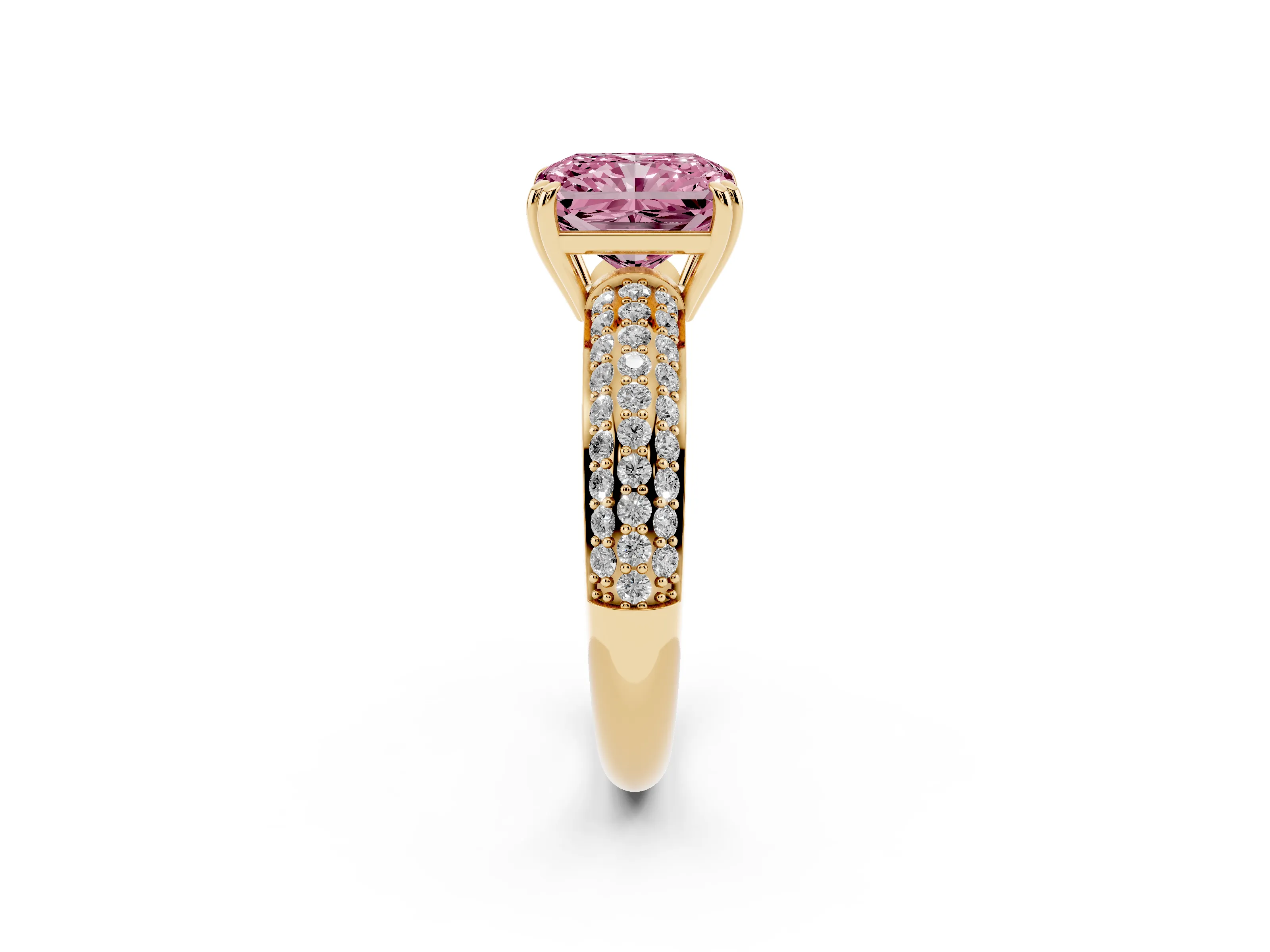 Fancy Pink Radiant Cut Diamond Solitaire Ring Set in Yellow gold with Multi-Row Round Pavé Band and Prong Setting