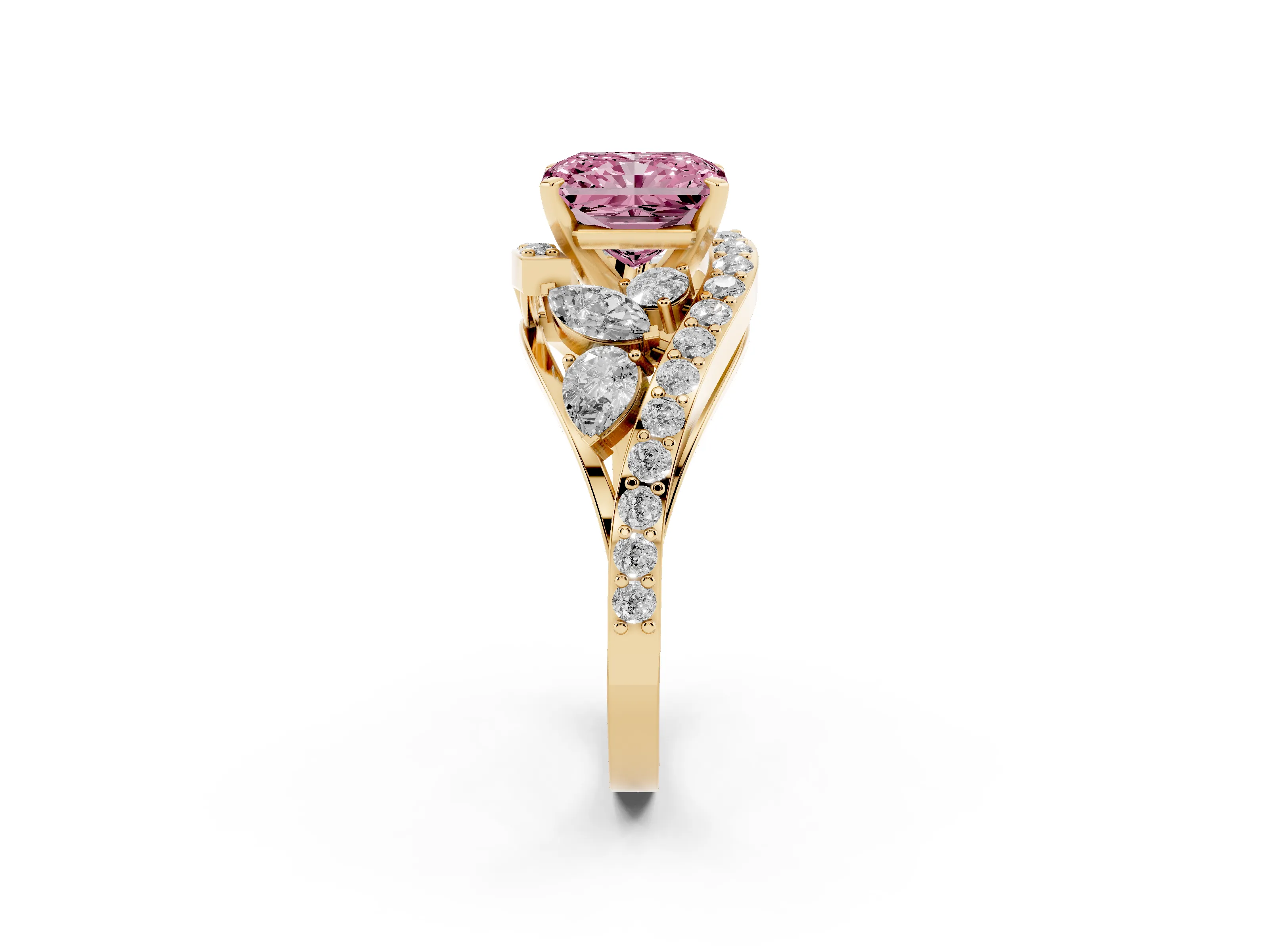 Fancy Pink Radiant Cut Diamond Halo Ring Set in Yellow gold with Marquise and Pavé Band in Prong Setting