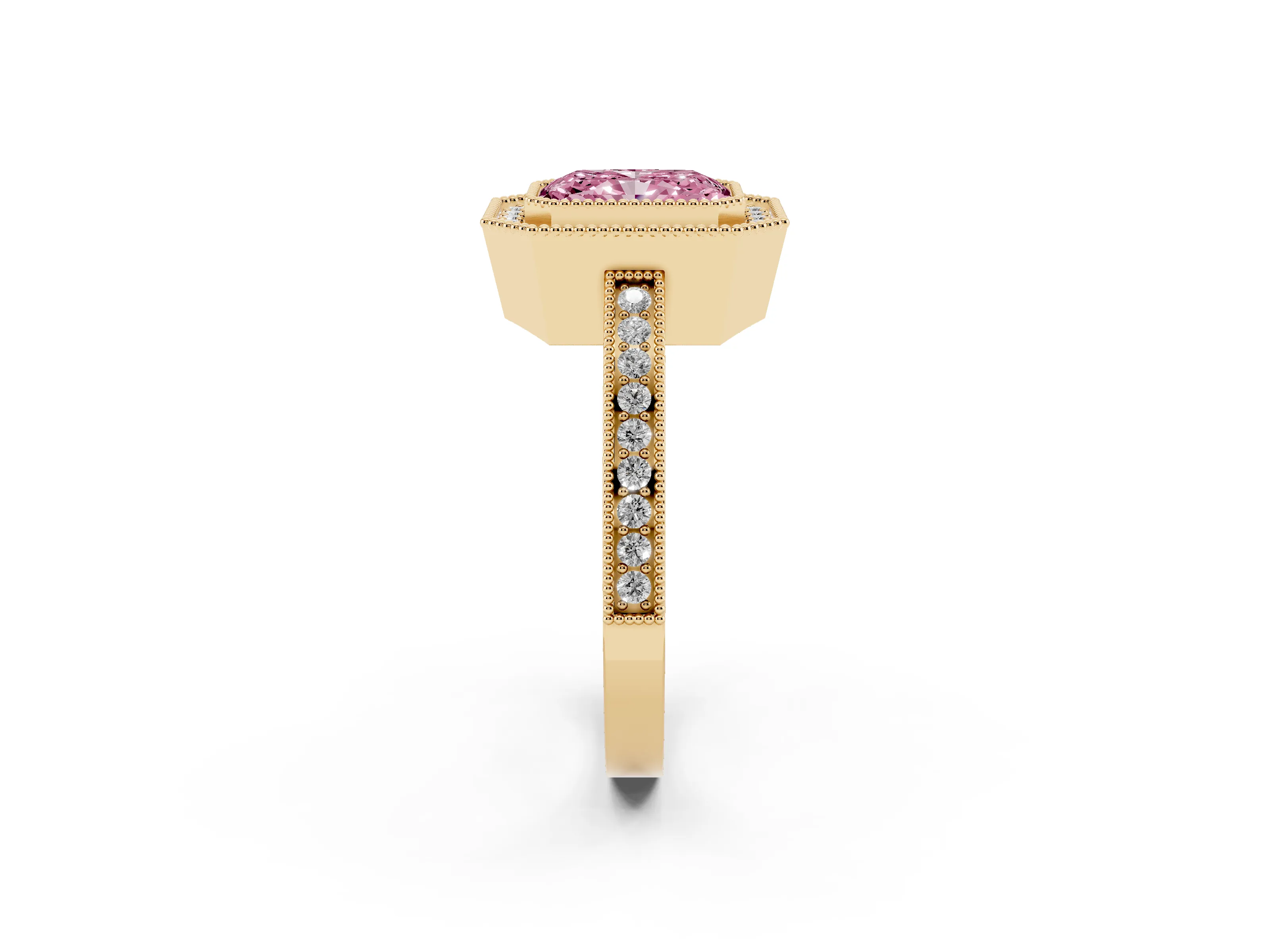 Fancy Pink Radiant Cut Diamond Halo Ring Set in Yellow gold with Pavé Band and Milgrain-Edged Prongs