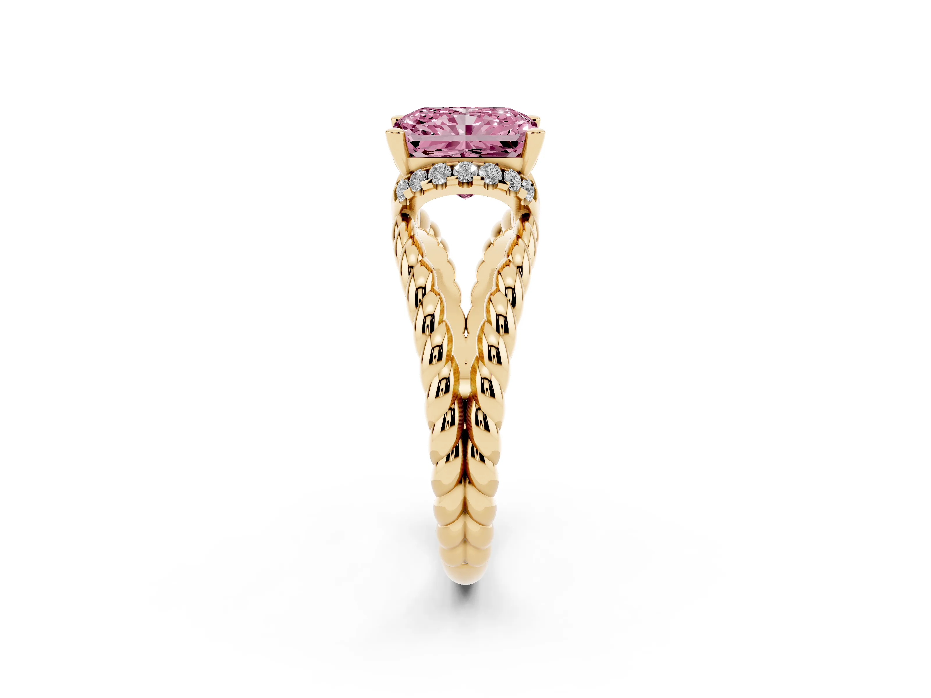 Fancy Pink Radiant Cut Diamond Halo Ring Set in Yellow gold with Twisted Band and Prong Setting