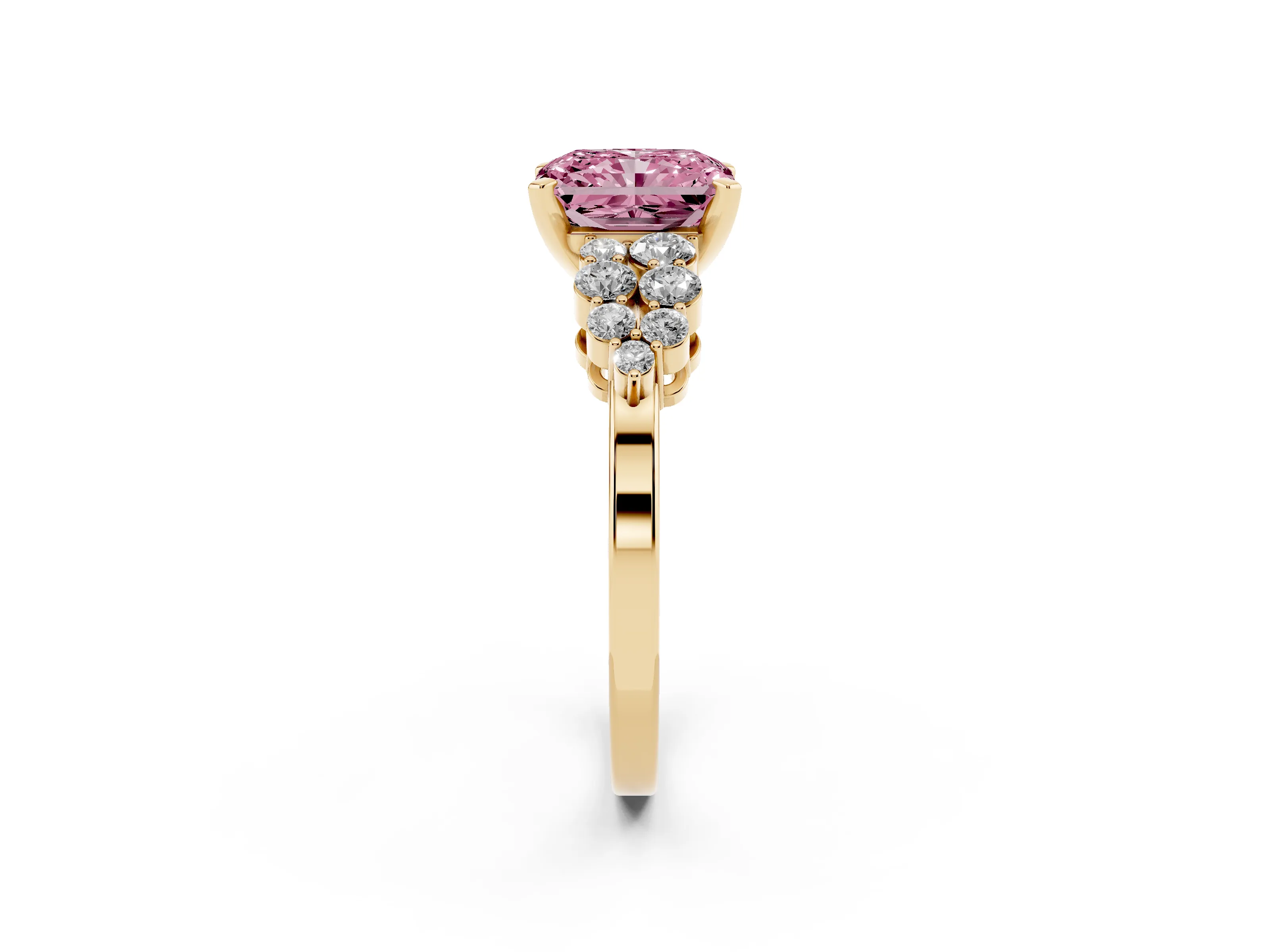 Fancy Pink Radiant Cut Diamond Cluster Engagement Ring Set in Yellow gold with Pavé Band and Prong Setting