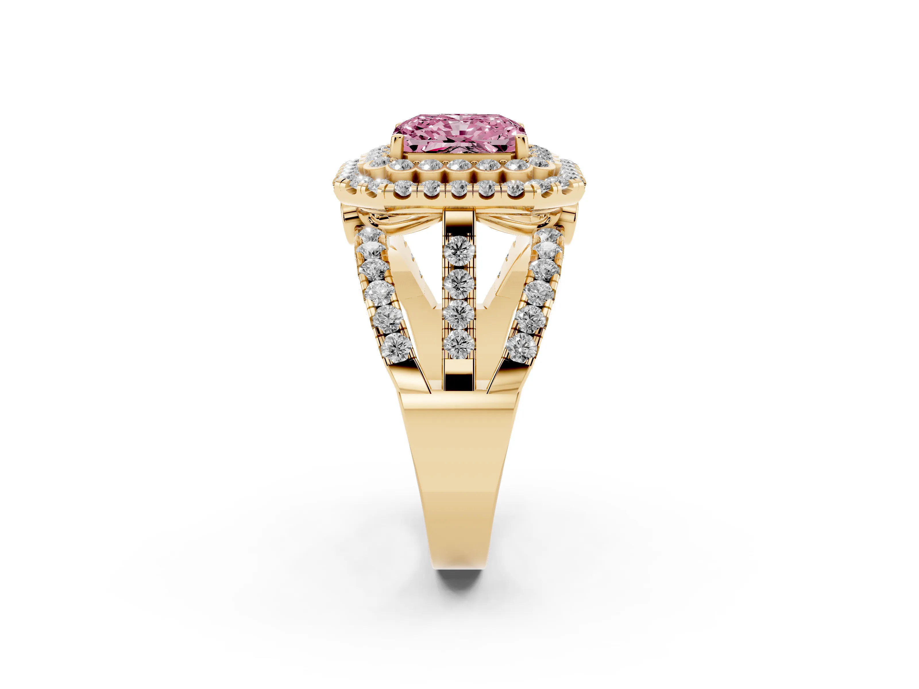 Fancy Pink Radiant Cut Diamond Double Halo Ring Set in Yellow gold with Round Pavé Split Shank