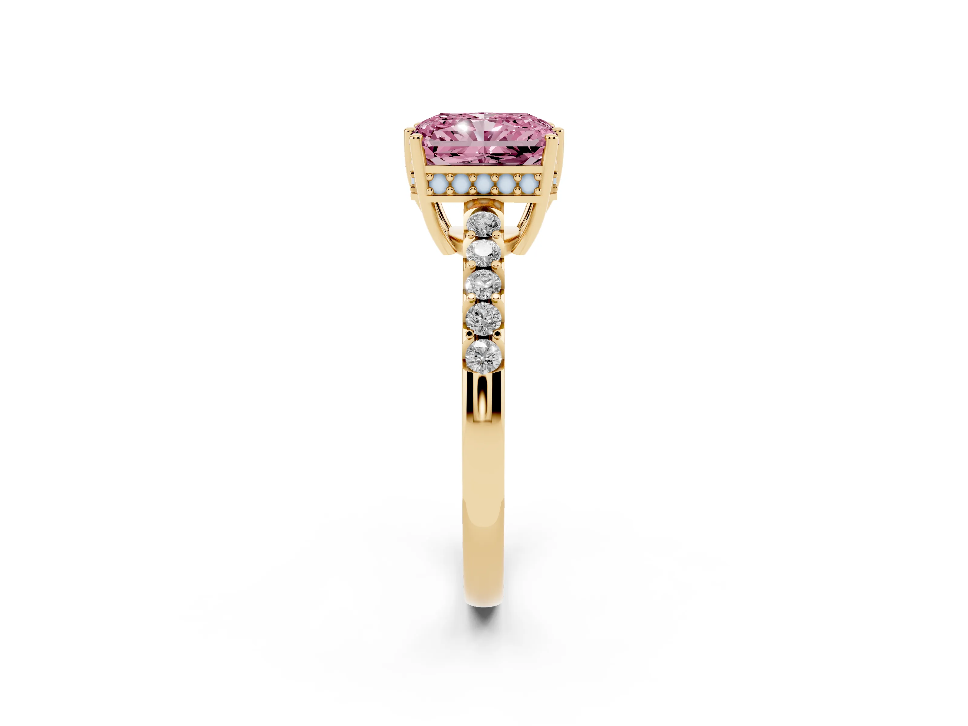 Fancy Pink Radiant Cut Diamond Solitaire Engagement Ring Set in Yellow gold with Pavé Band and Prong Setting