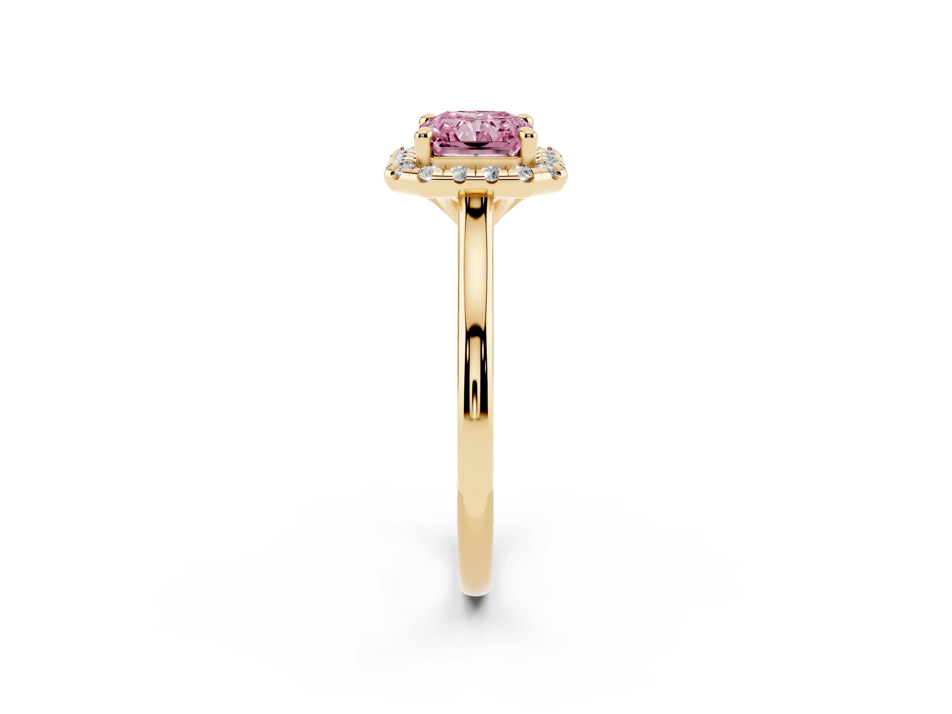 Fancy Pink Radiant Cut Diamond Halo Engagement Ring Set in Yellow gold with Pavé Band and Rising Shoulders