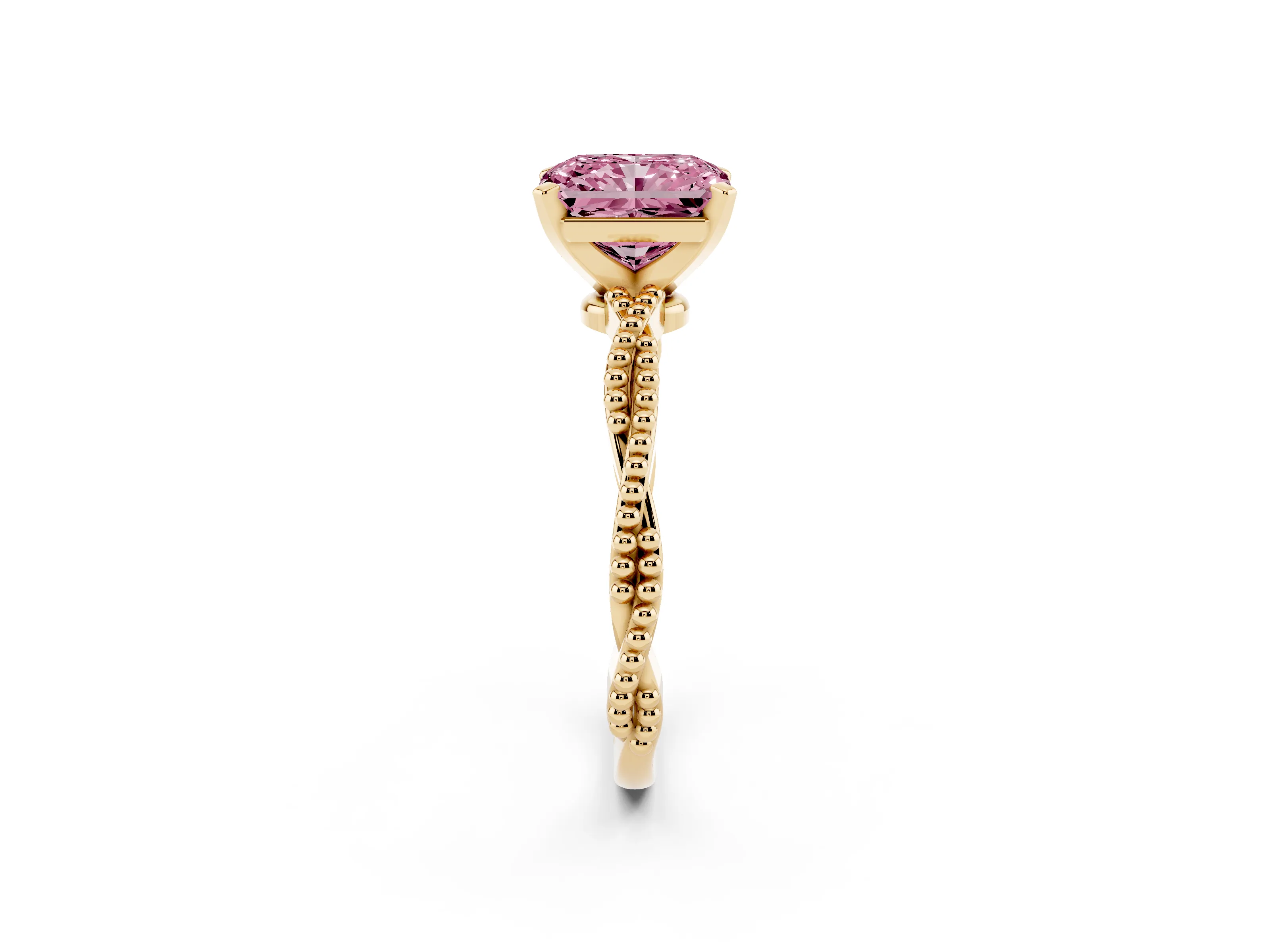 Fancy Pink Radiant Cut Diamond Solitaire Ring Set in Yellow gold with Twisted Band and Bead Prong Setting