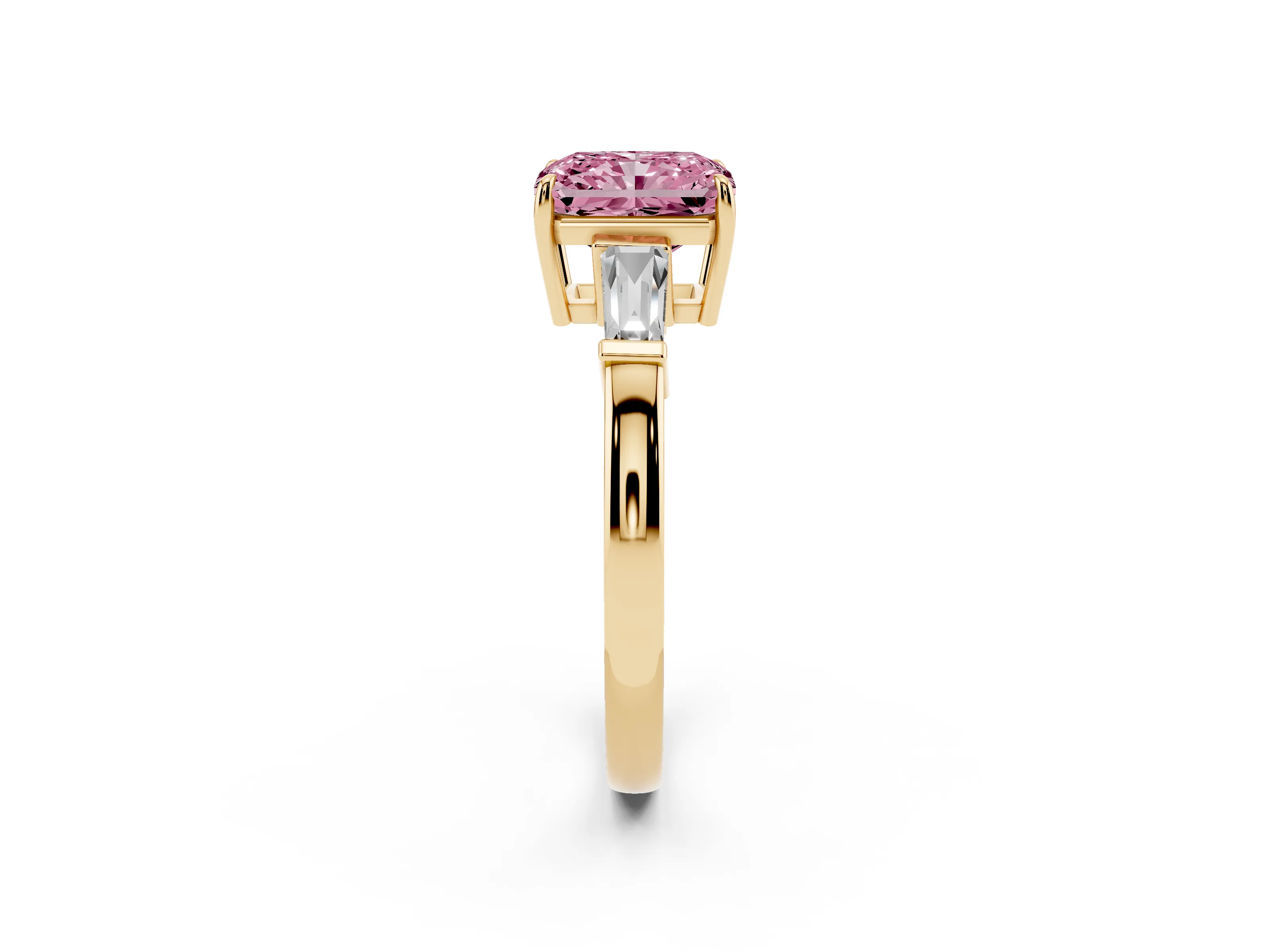 Fancy Pink Radiant Cut Diamond Three-Stone Ring Set in Yellow gold with Tapered Baguette Side Stones and Prong Setting