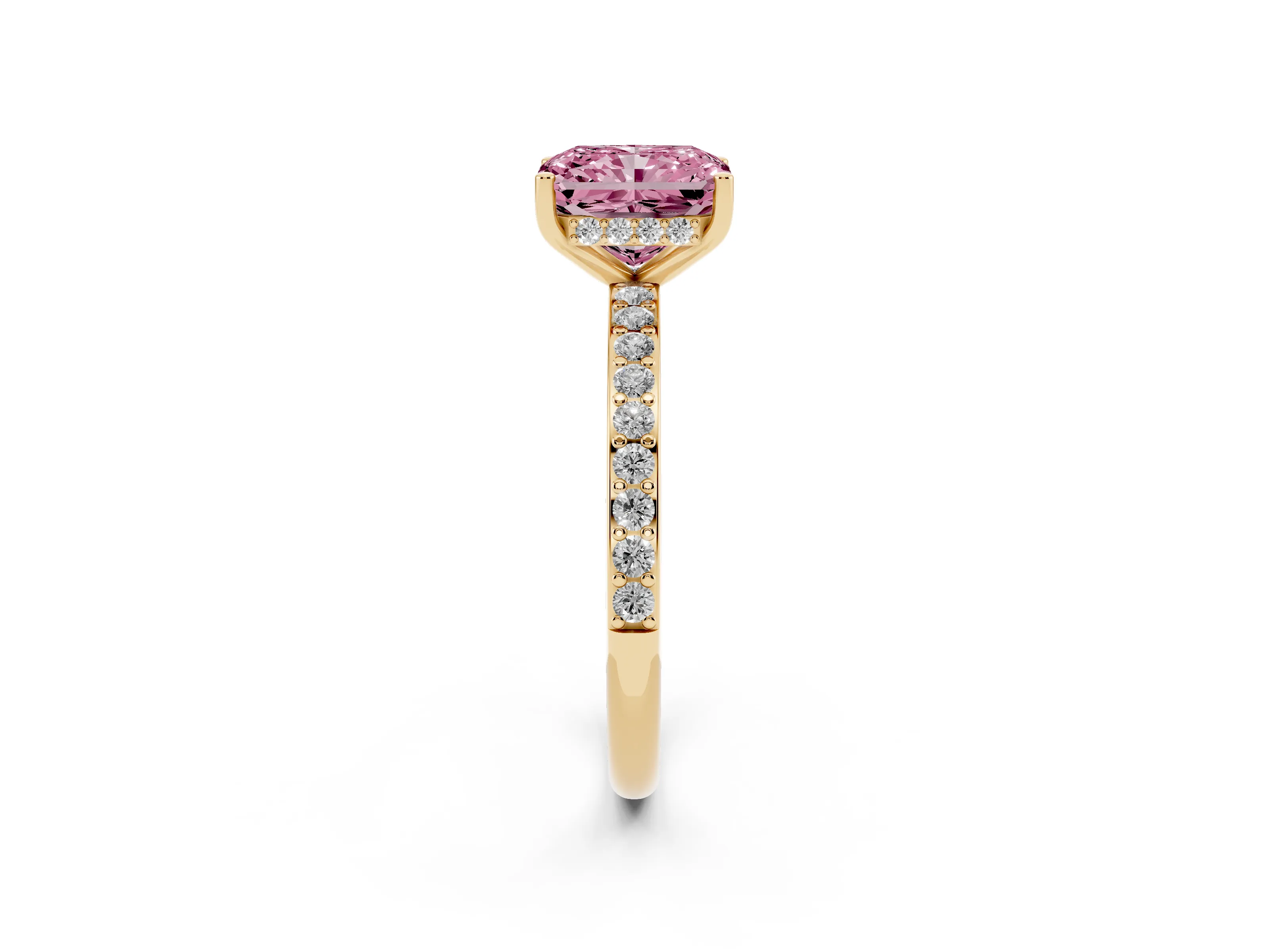 Fancy Pink Radiant Cut Diamond Pavé Band Ring Set in Yellow gold with Prong-Set Center Stone