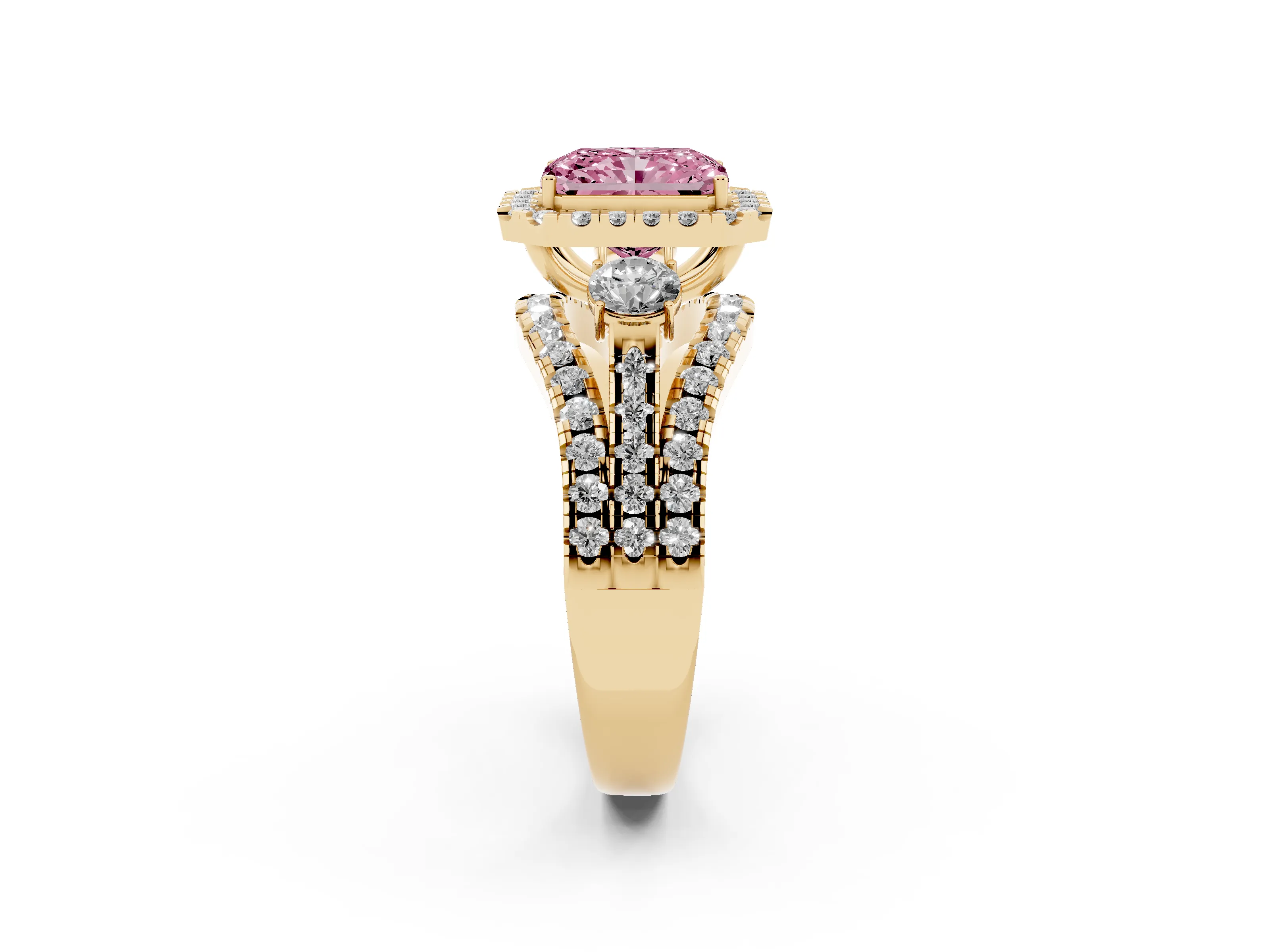 Fancy Pink Radiant Cut Diamond Halo Split Shank Ring Set in Yellow gold with Round Accent Stones and Prong Setting