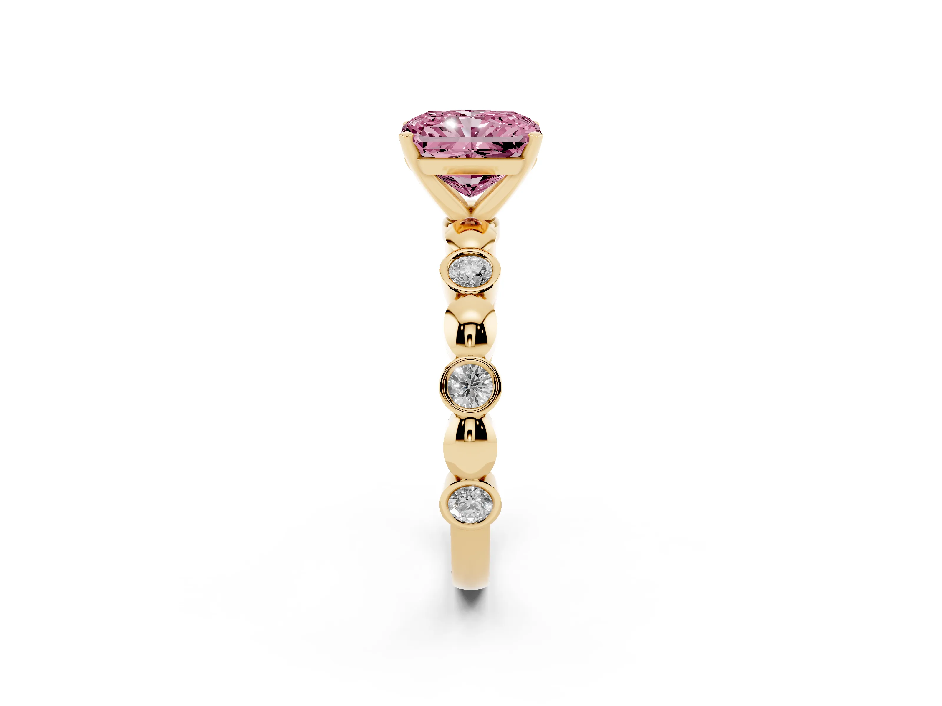 Fancy Pink Radiant Cut Diamond Solitaire Ring Set in Yellow gold with Bezel-Set Accents on Beaded Band and Prong Setting