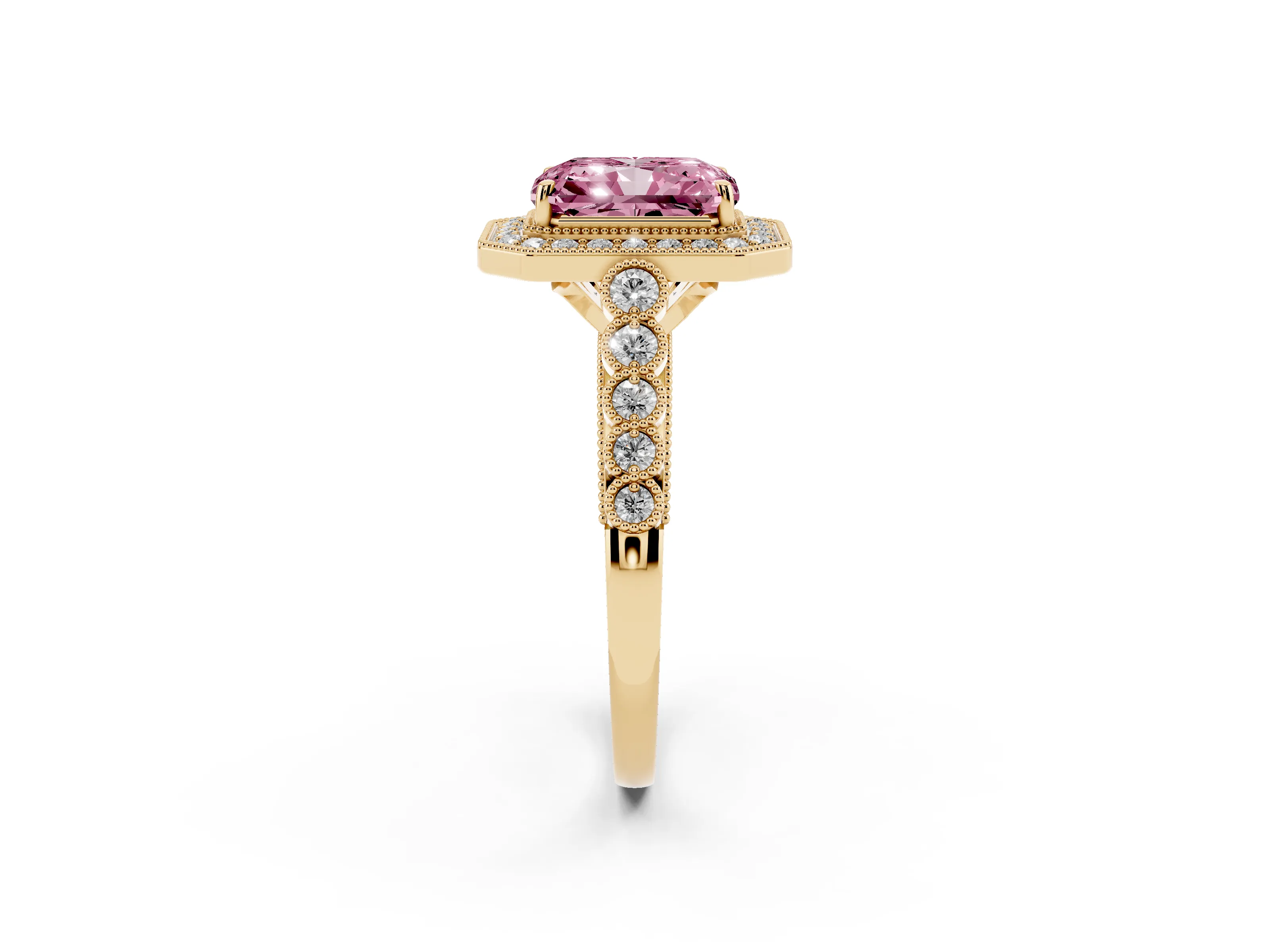 Fancy Pink Radiant Cut Diamond Milgrain Halo Solitaire Ring Set in Yellow gold with Bezel Set Side Stones and Pavé Band