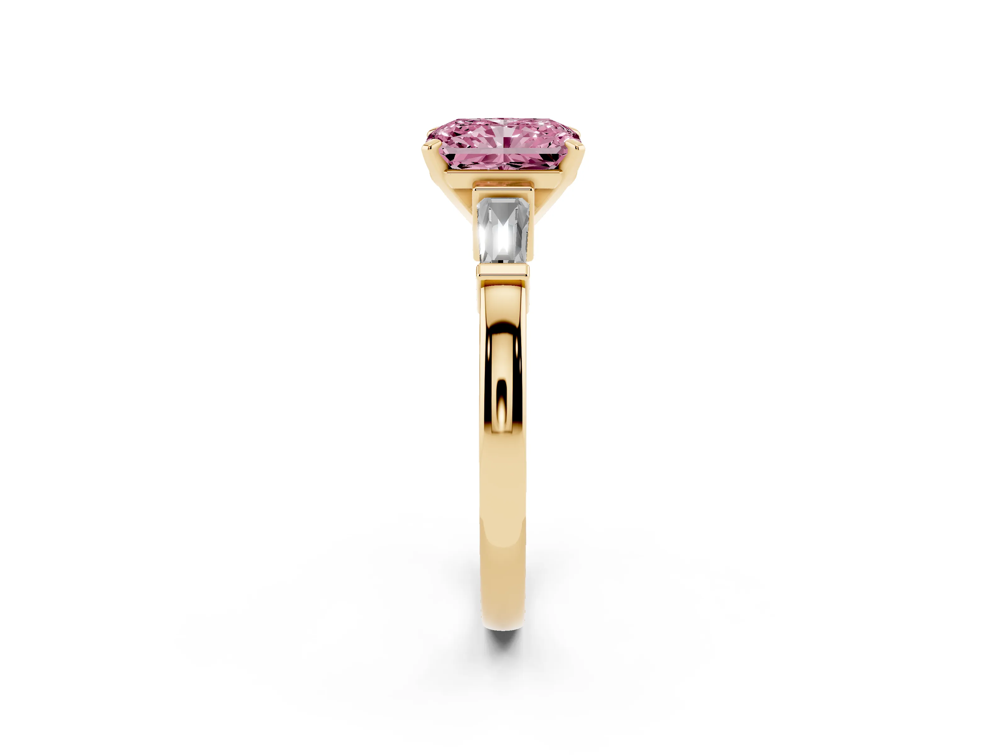 Fancy Pink Radiant Cut Diamond Solitaire Ring Set in Yellow gold with Tapered Baguette Accents and Prong Setting