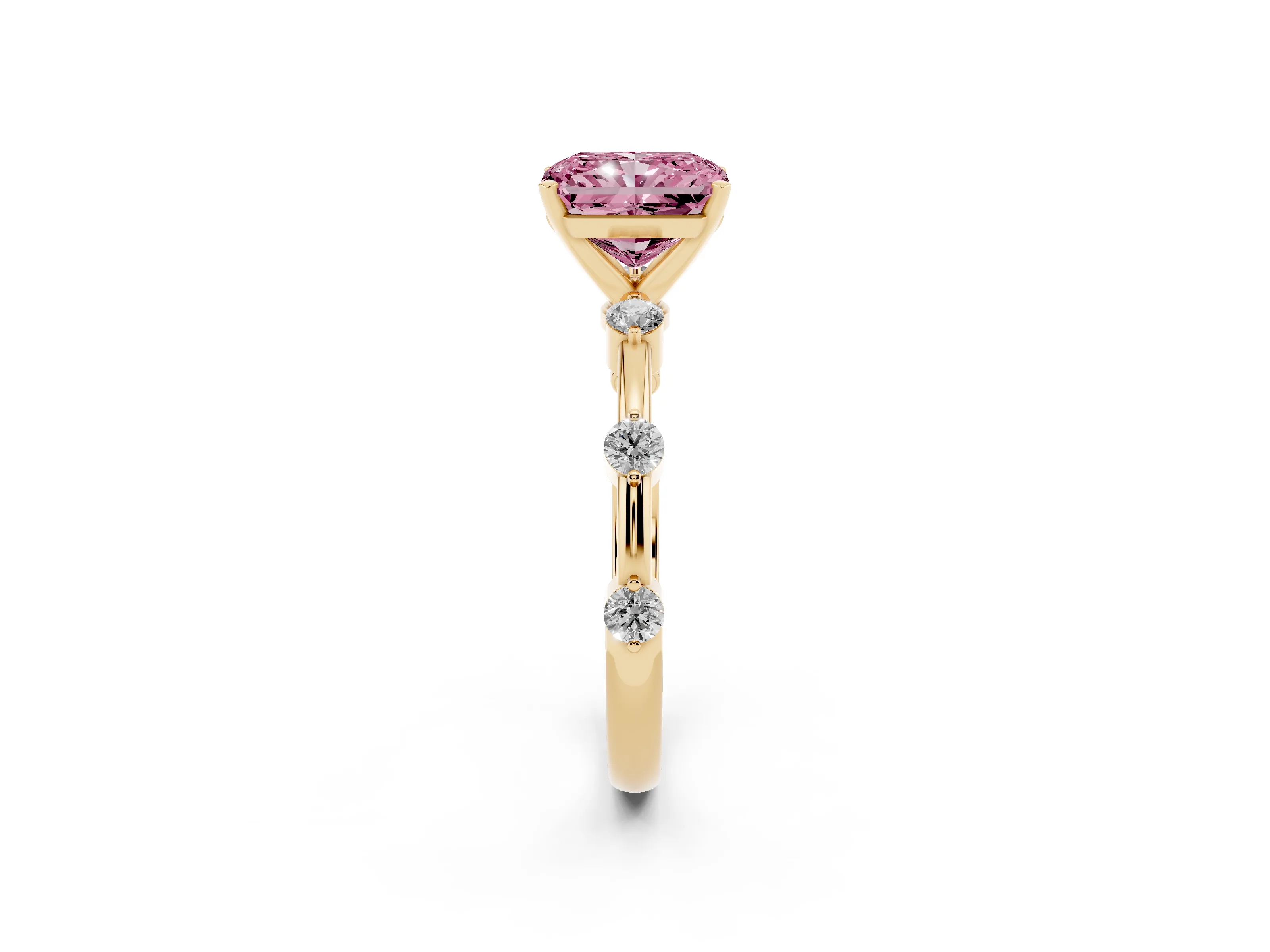 Fancy Pink Radiant Cut Diamond Solitaire Ring Set in Yellow gold with Bezel Set Side Stones and Prong Setting