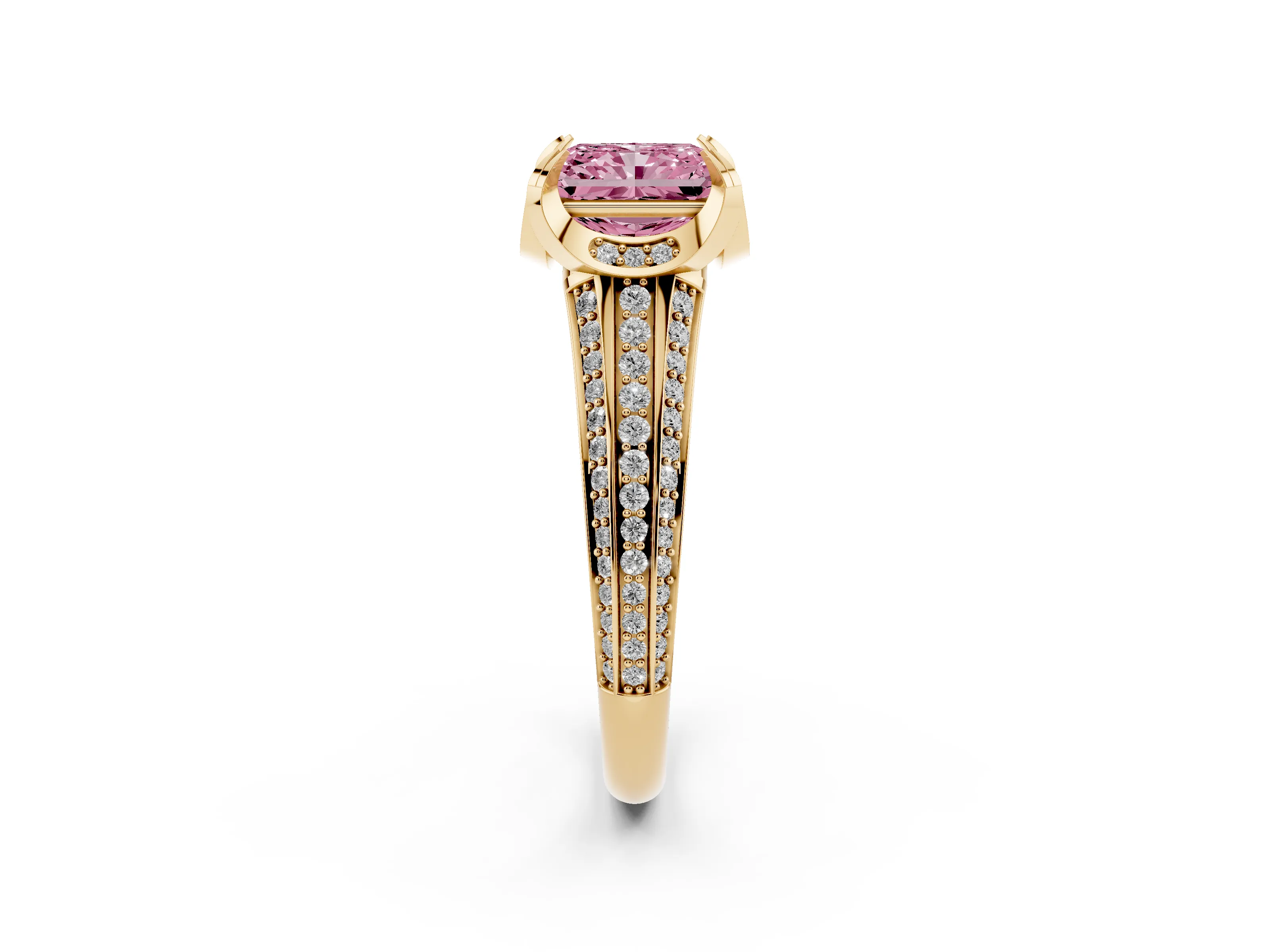 Fancy Pink Radiant Cut Diamond Pavé Split Shank Solitaire Ring Set in Yellow gold with Prong Setting