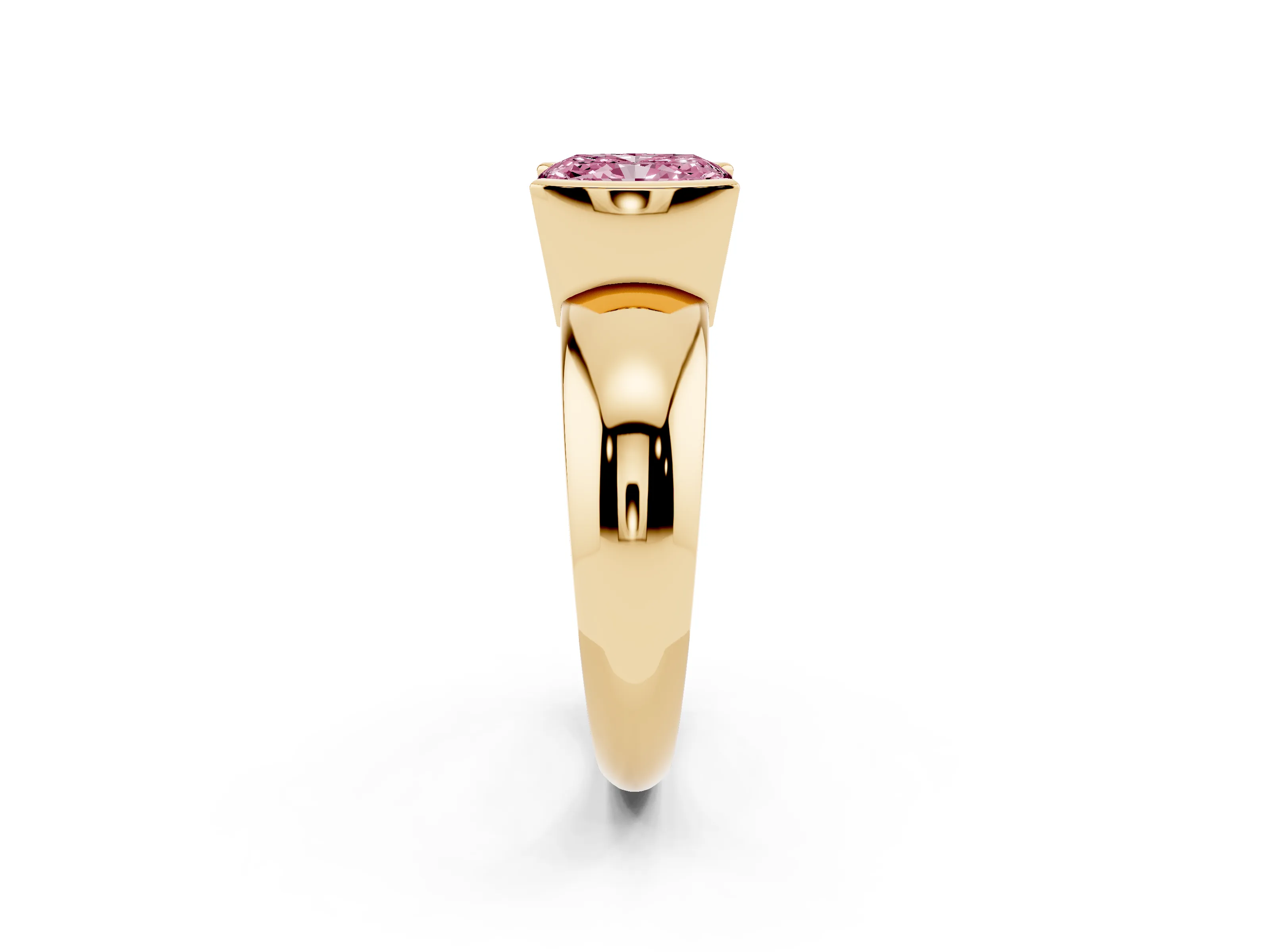 Fancy Pink Radiant Cut Diamond Solitaire Tension Set Ring Set in Yellow gold with Wide Band