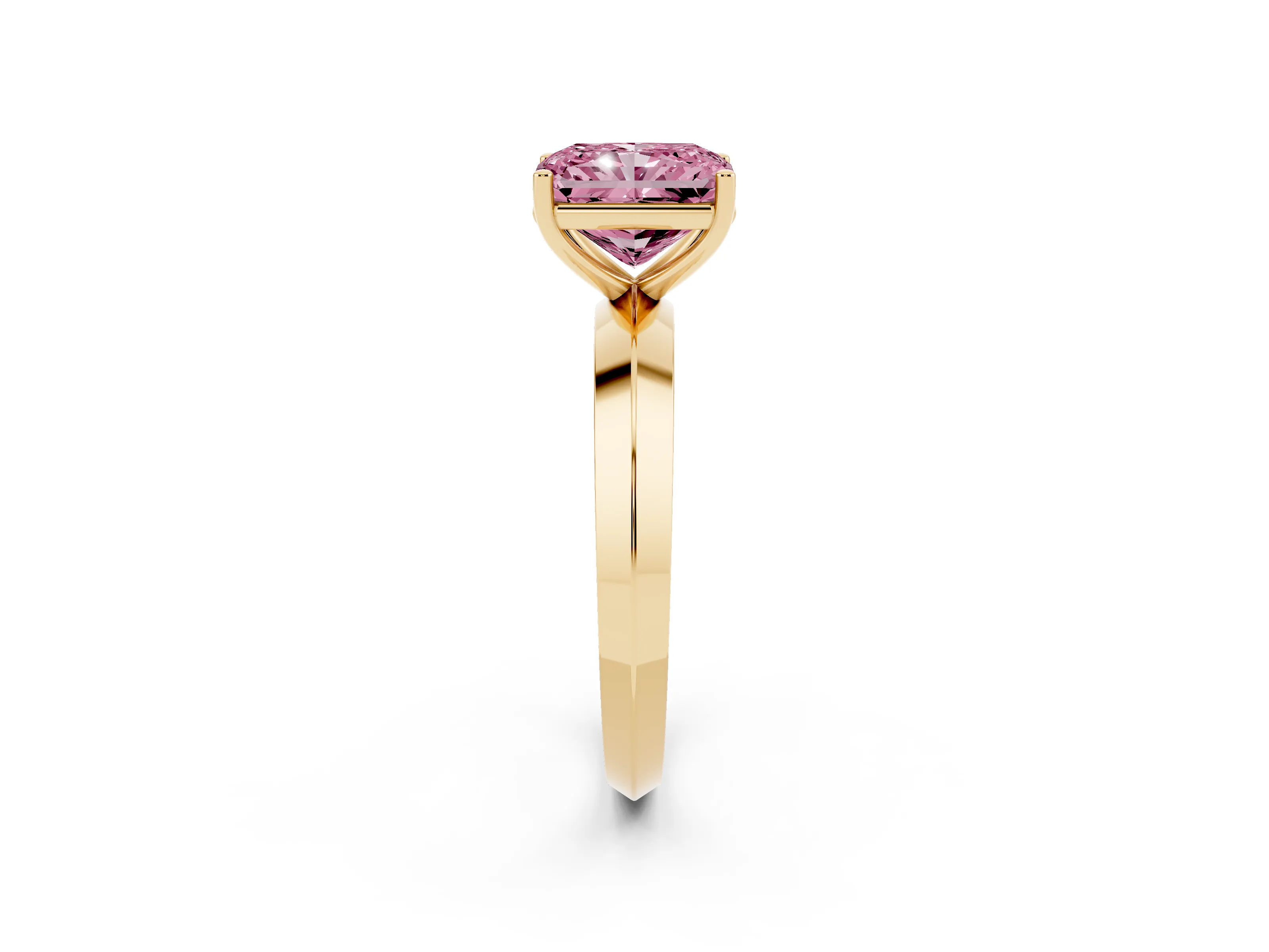 Fancy Pink Radiant Cut Diamond Solitaire Engagement Ring Set in Yellow gold with Flat Band and Prong Setting